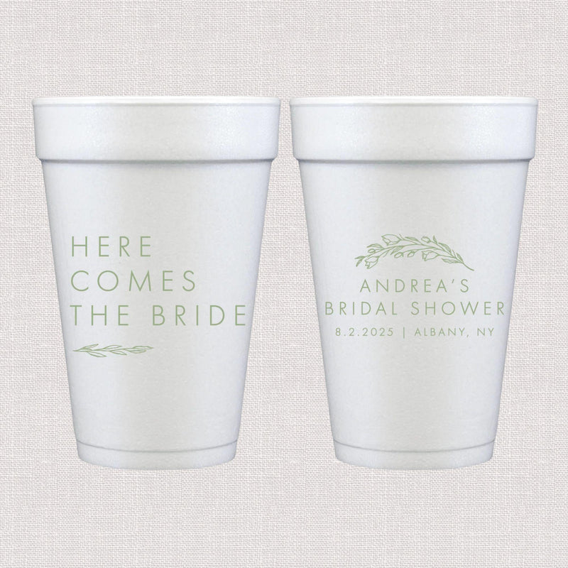 White foam cups with sage green personalized text text and personalized bridal shower design with floral wreath