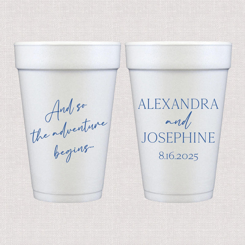 White foam cups with blue script wedding text and personalized couple names with date
