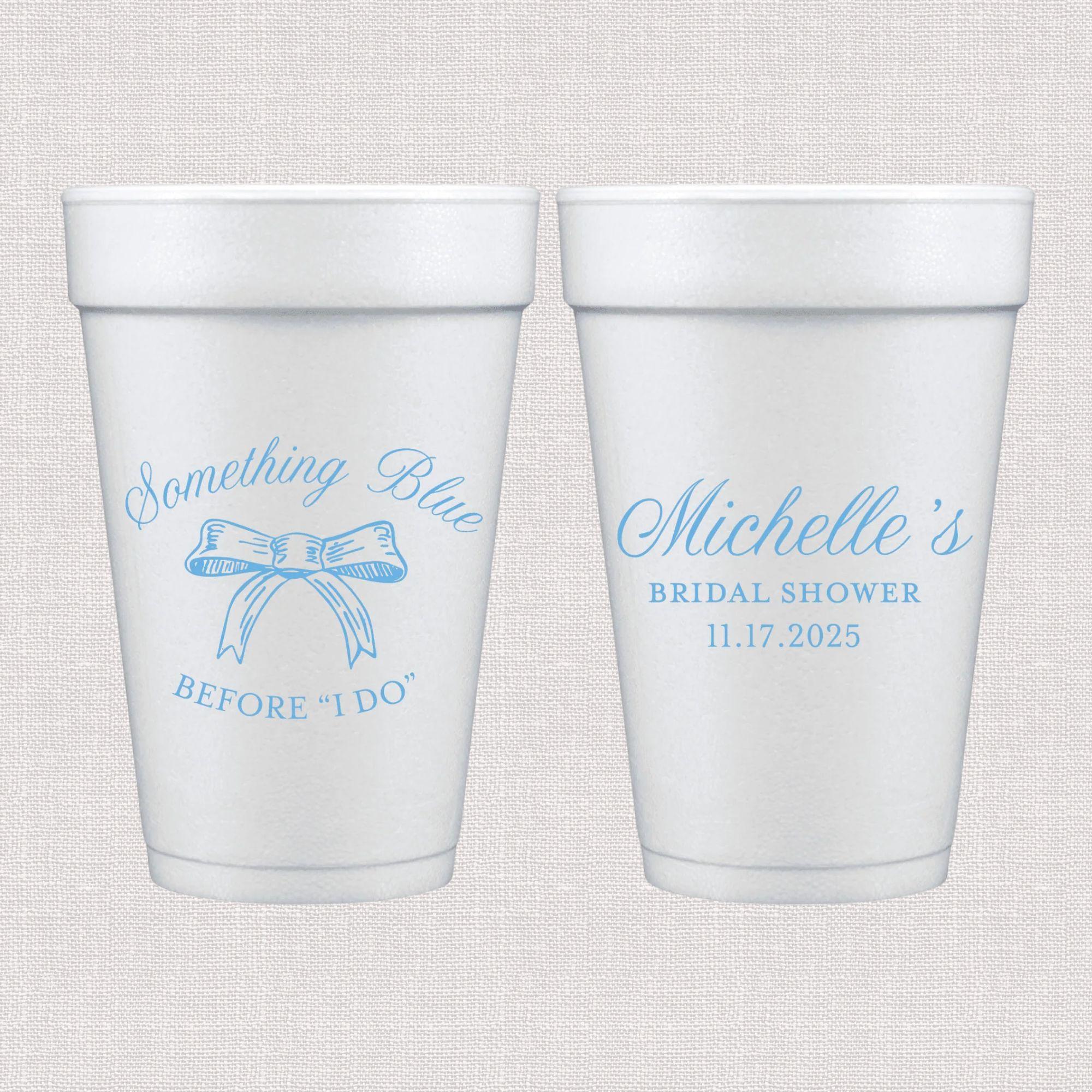 White foam cup with blue bow and personalized bridal shower text design