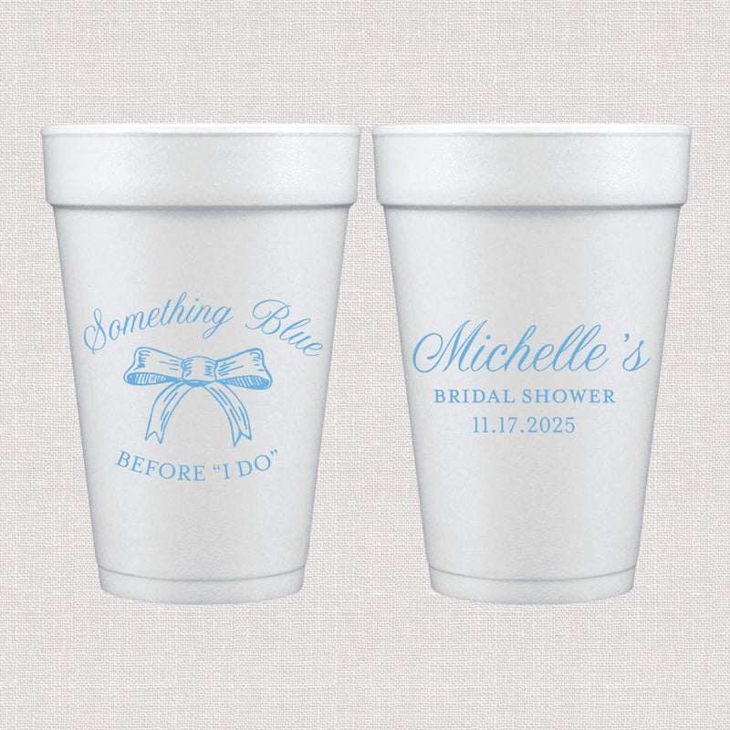 White foam cup with blue bow and personalized bridal shower text design