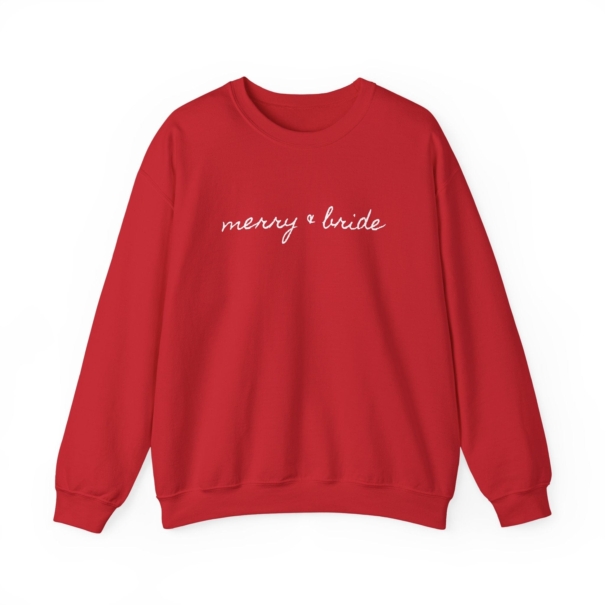 Red sweatshirt with white script text reading "merry & bride" across the chest