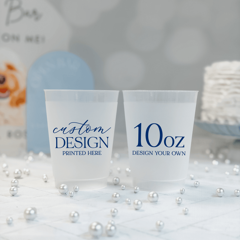 10 oz frosted shatterproof cup printed with a custom navy design for wedding receptions and showers