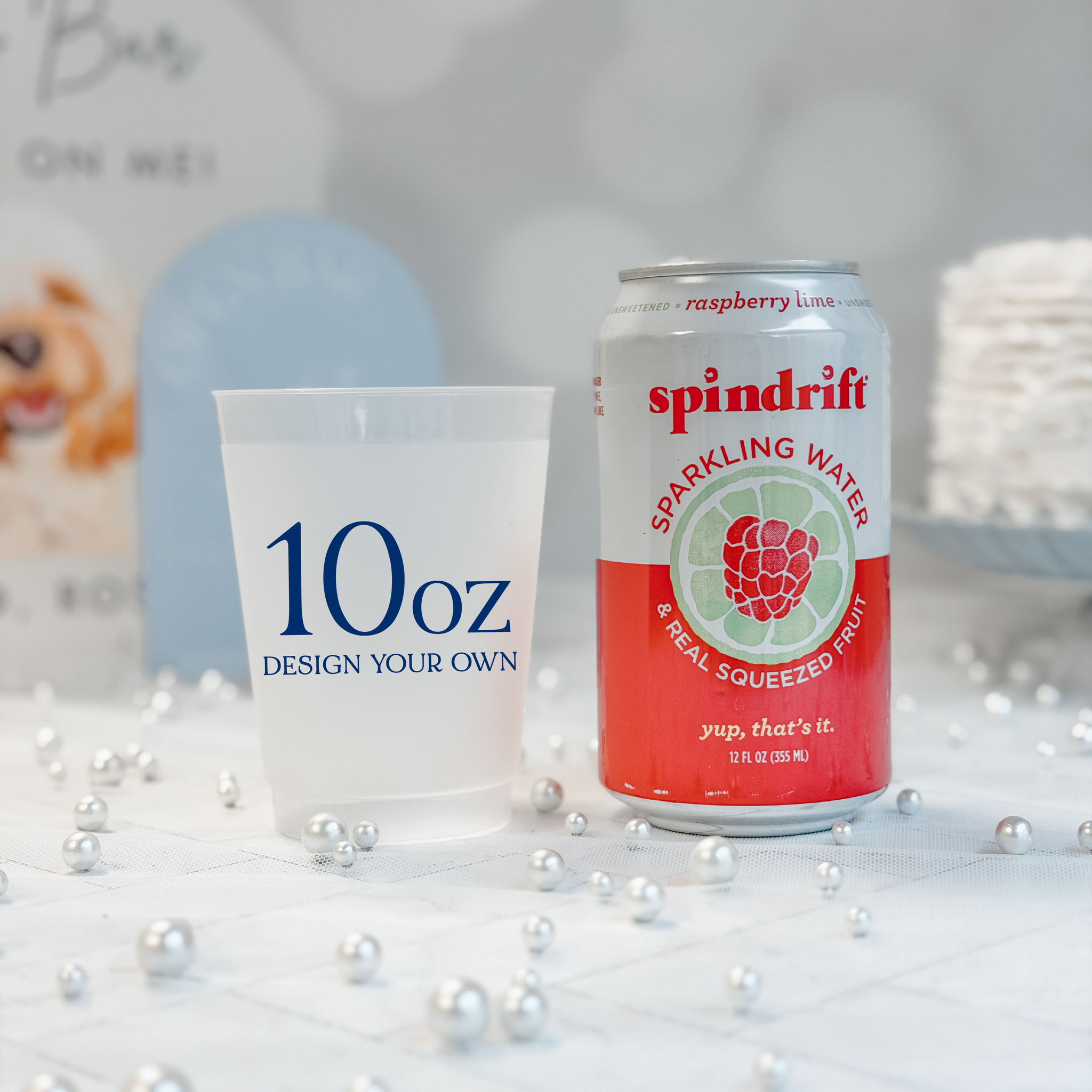 10 oz frosted shatterproof cup compared to a 12 oz soda can, custom design in navy