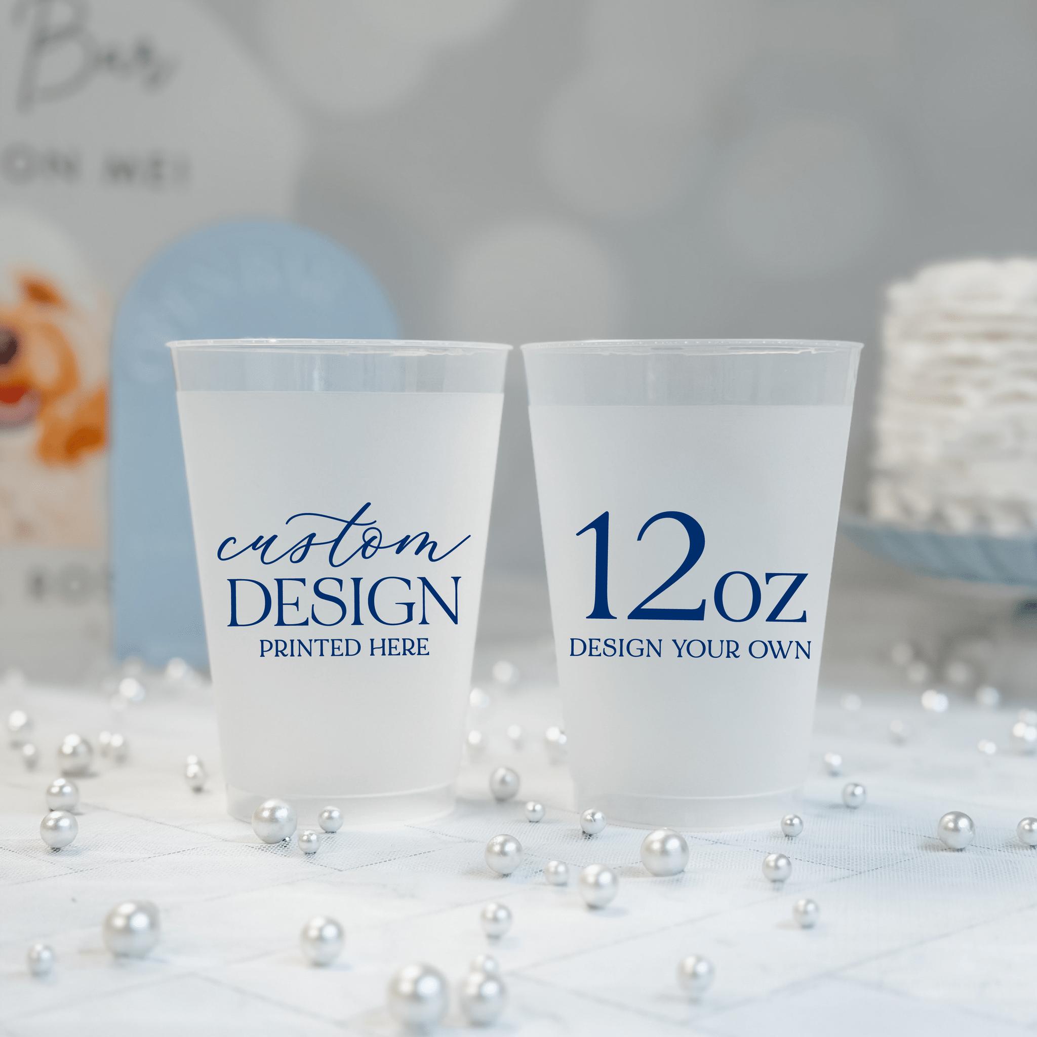 12 oz frosted shatterproof cups personalized with a custom navy design for wedding bar carts