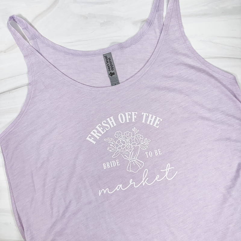 Lavender Fresh Off the Market bride to be bachelorette festival tank with floral design