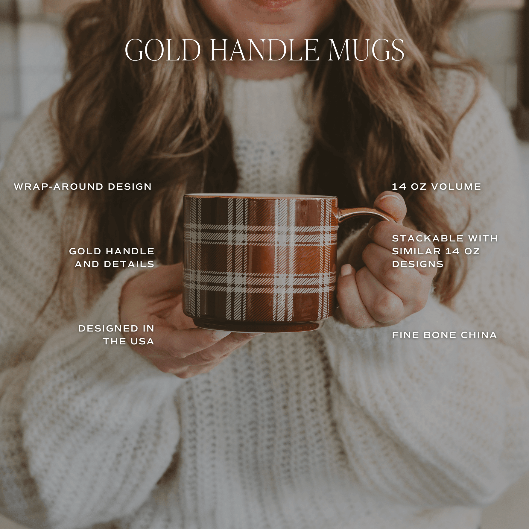 Woman holding tan plaid mug with gold handle and "Mrs" text design