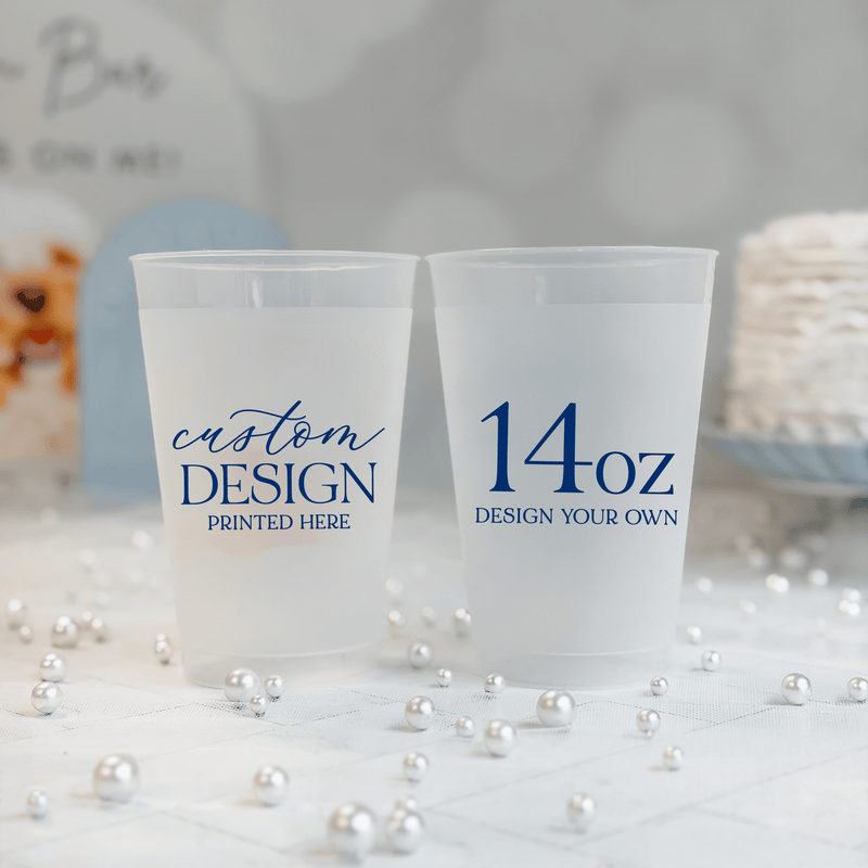 14 oz frosted shatterproof cup with your own custom design printed in navy for wedding favors
