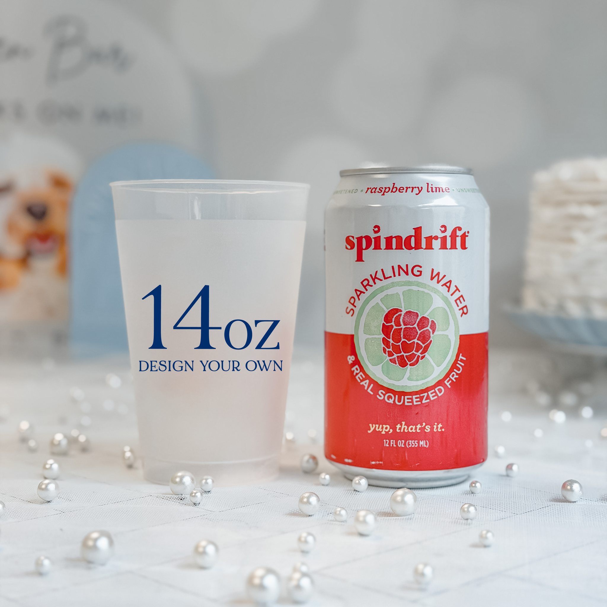 14 oz frosted shatterproof cup shown with a 12 oz can for size comparison, custom navy design