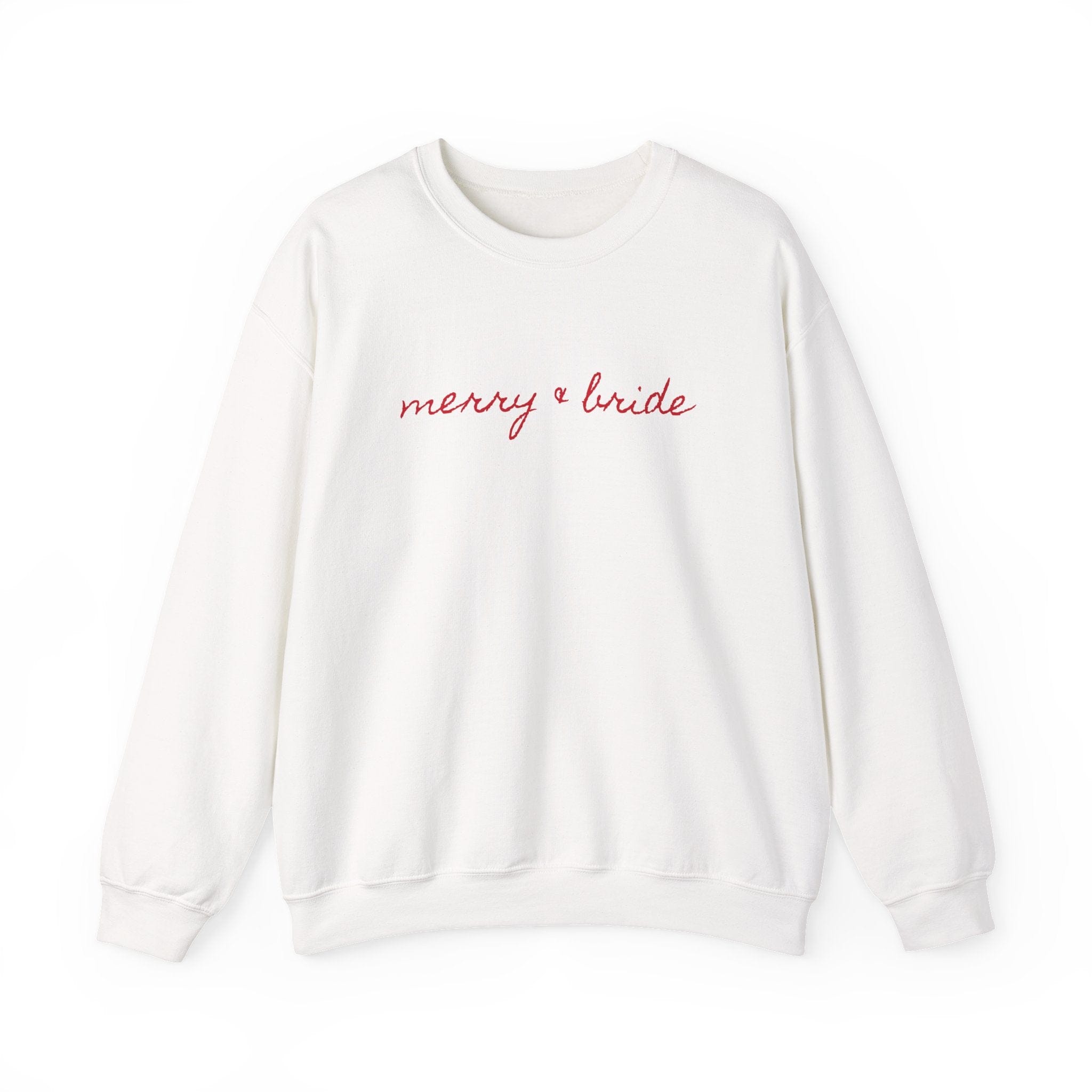 Cream sweatshirt with "merry + bride" text in red script across the chest