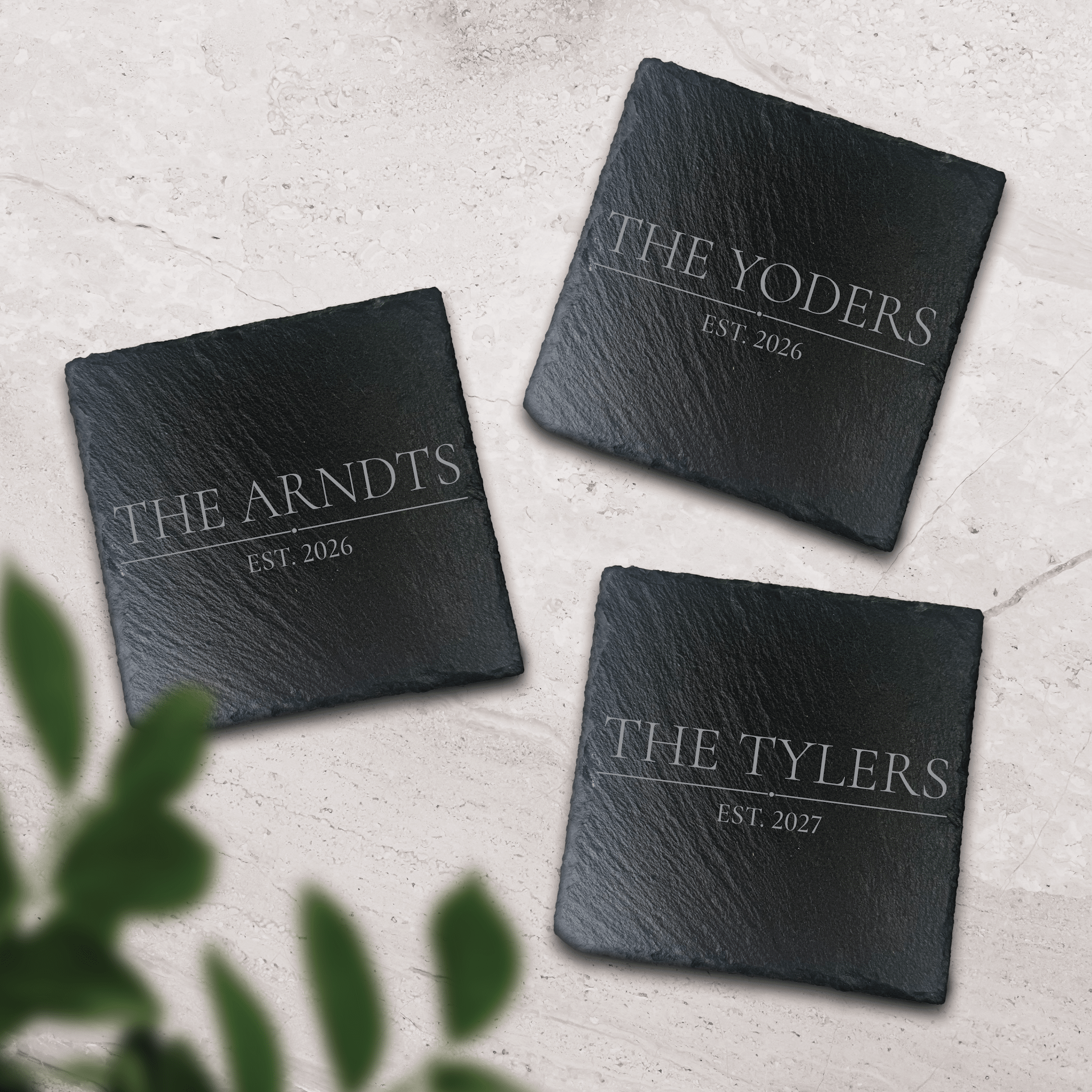 Personalized square slate coaster set engraved with family last name and est. year