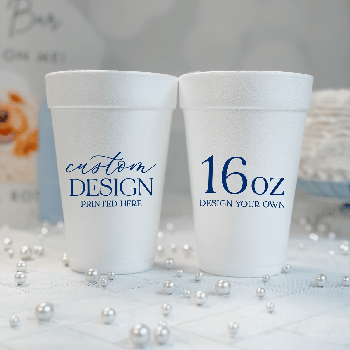 16 oz white foam cup personalized with a custom navy design for weddings, showers and parties
