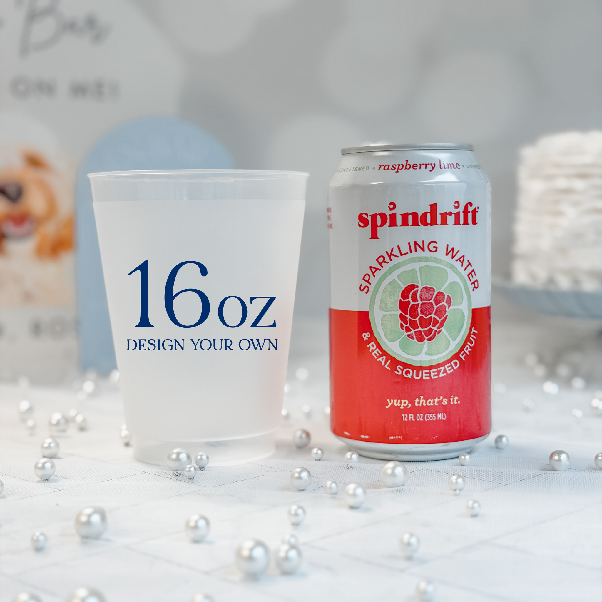 16 oz frosted shatterproof cup beside a 12 oz soda can for scale, personalized navy design