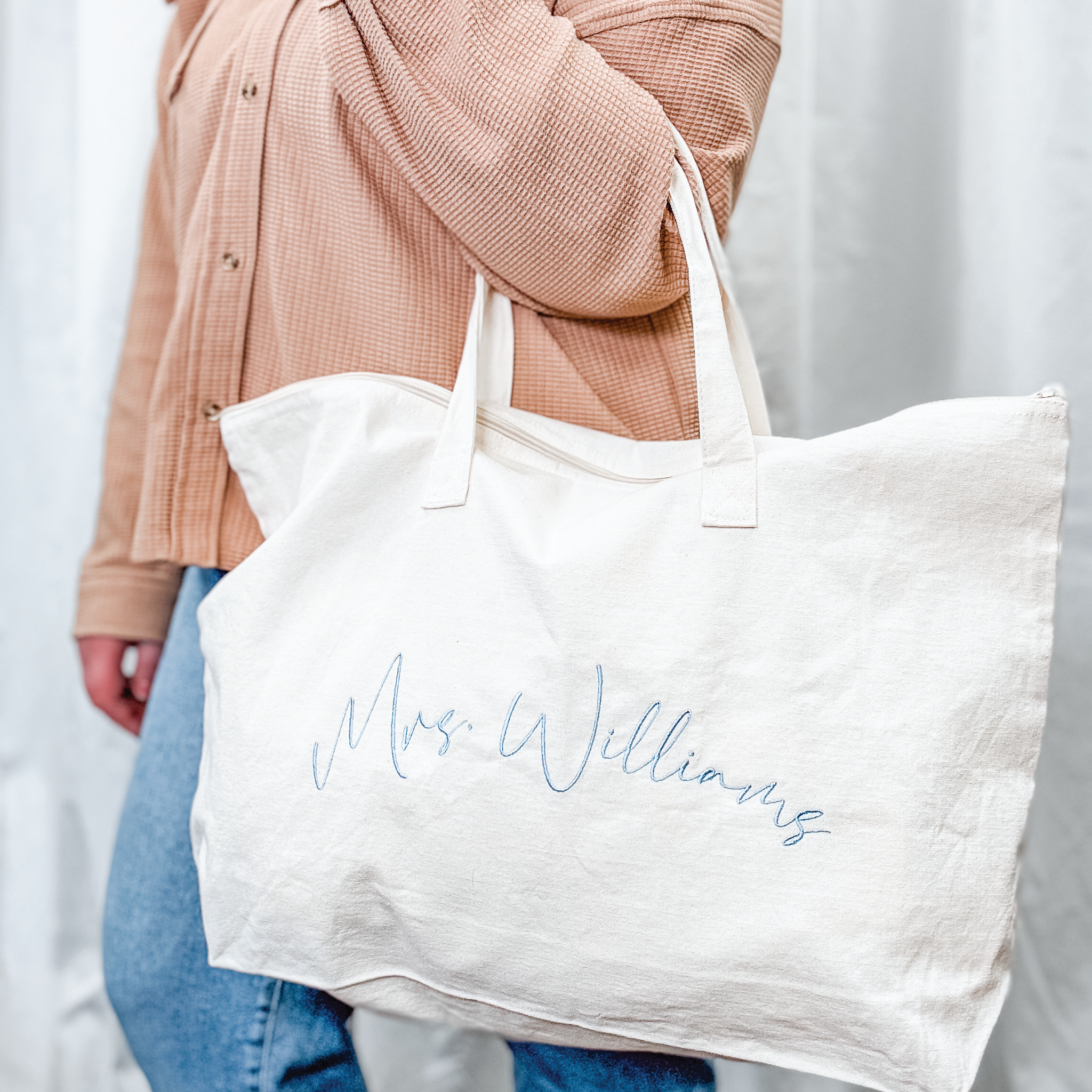 Personalized canvas bride tote bag in natural