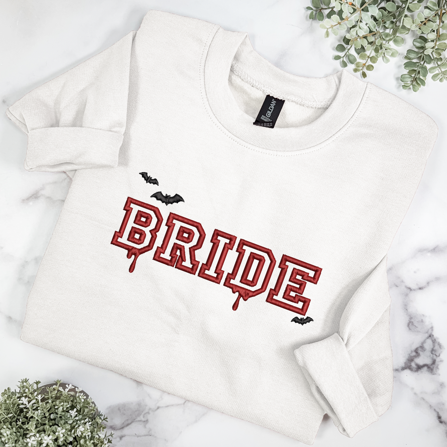 Bride Halloween Sweatshirt Embroidered Bat Design White – Rubi and Lib