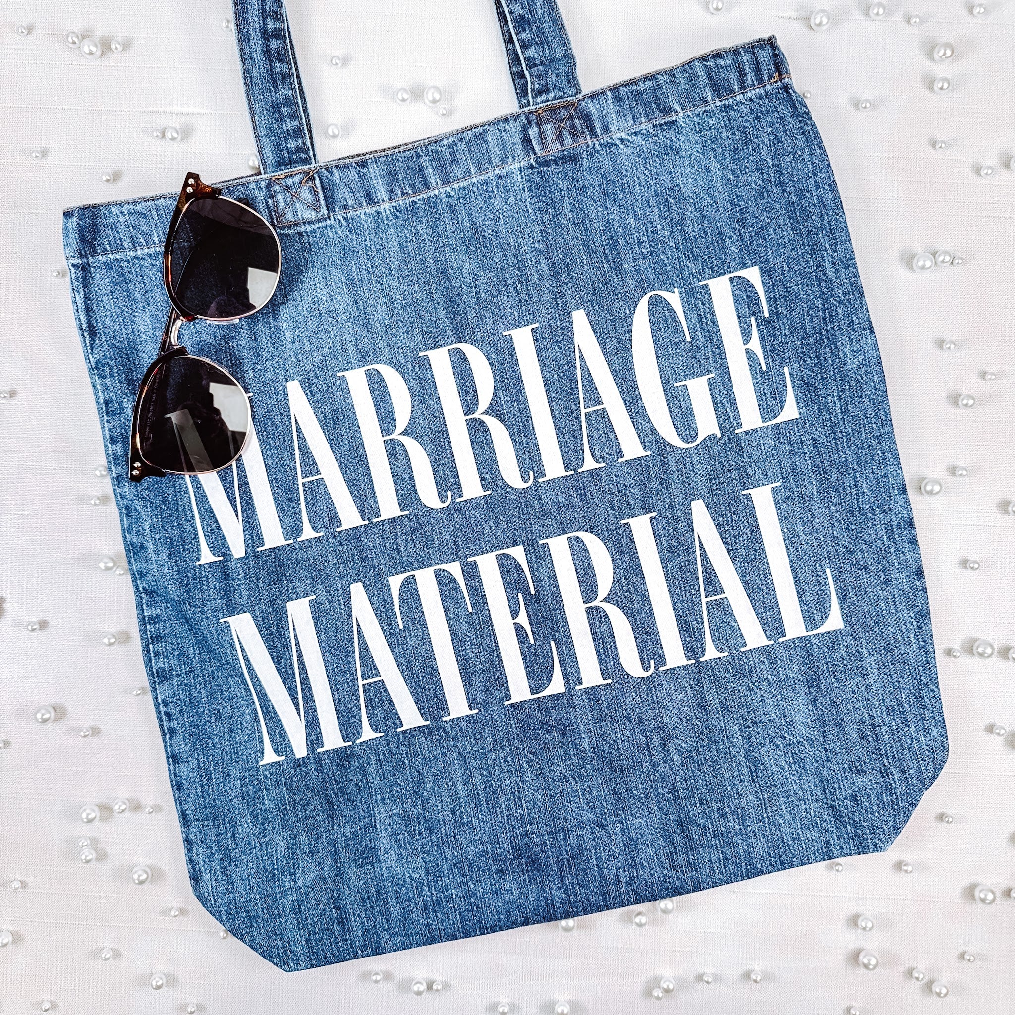 Jean tote bag with Marriage Material design for the bride to be