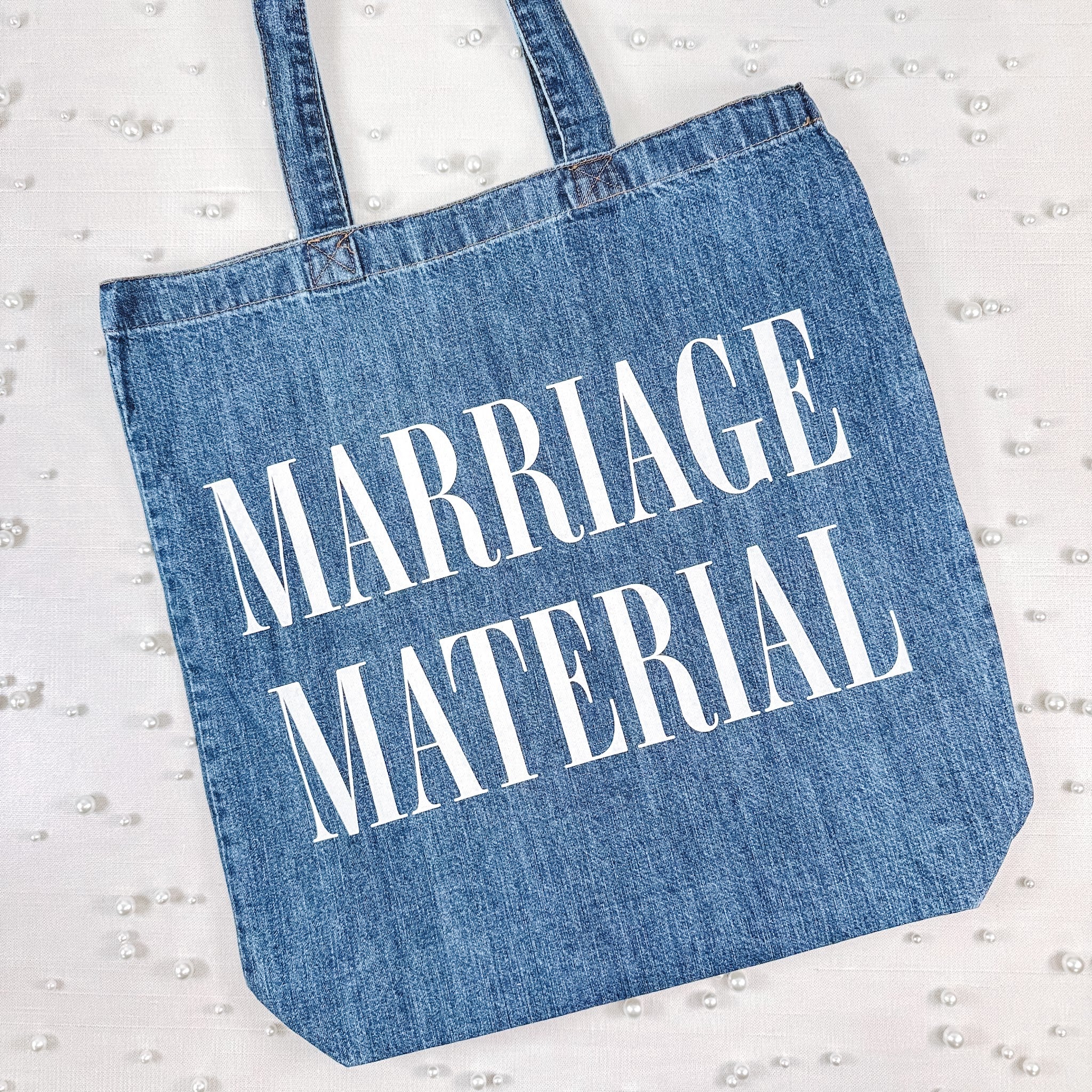 Denim Marriage Material bride tote, shoulder bag