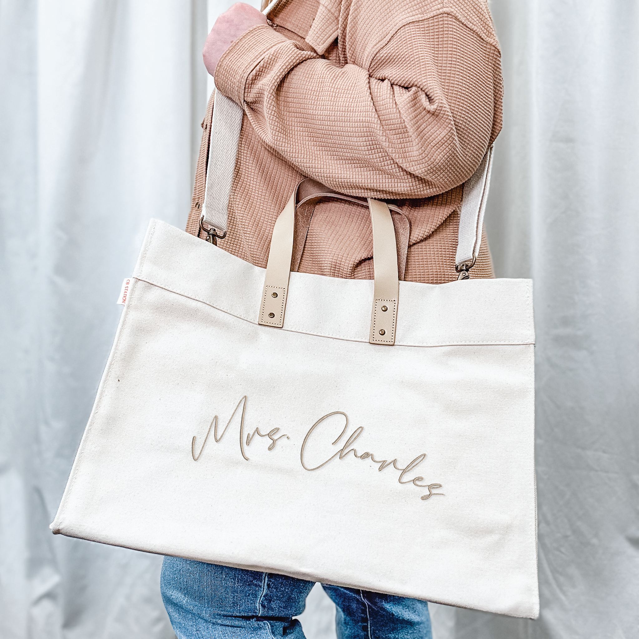 Monogrammed canvas leather tote bag in natural, Rubi & Lib
