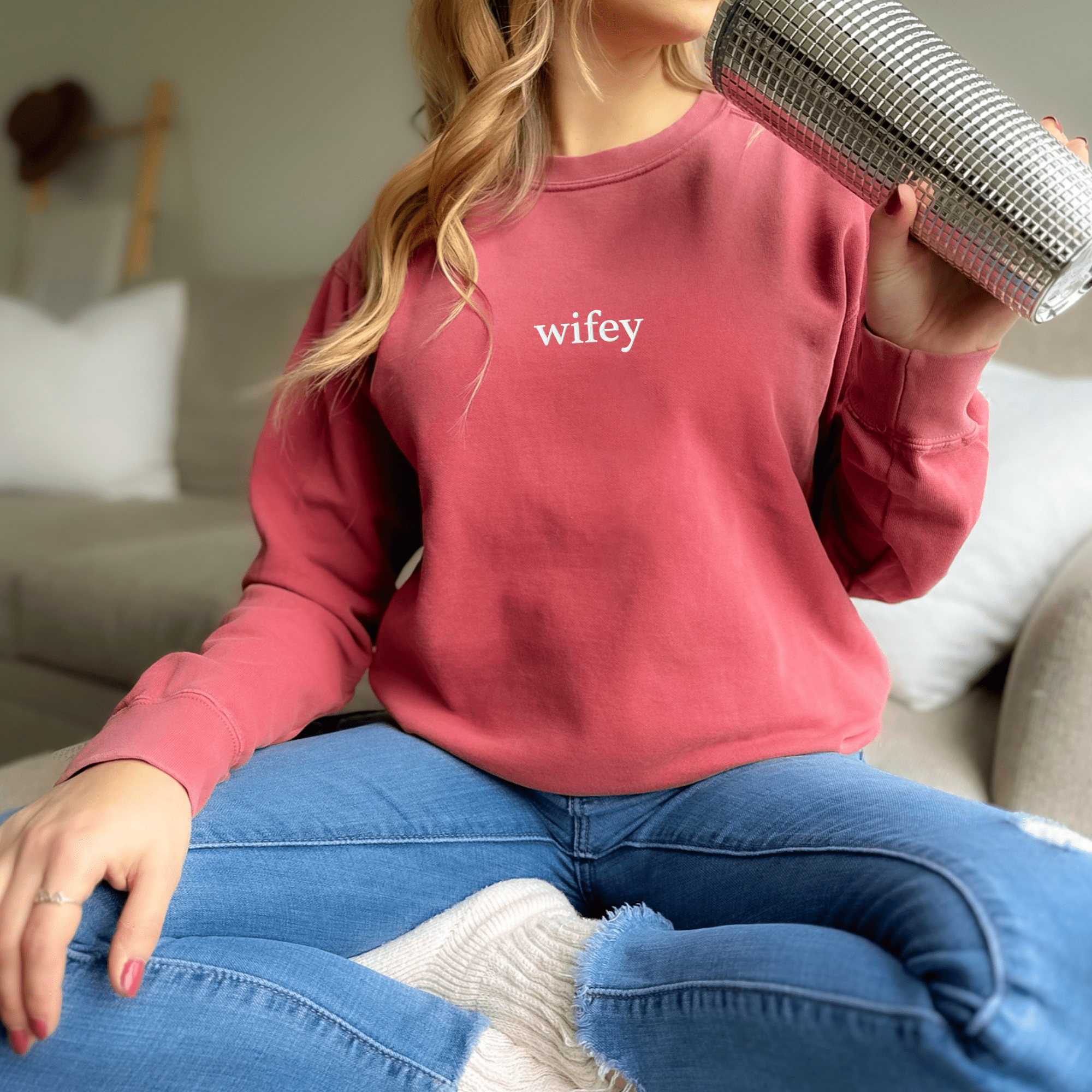 Wifey embroidered crewneck sweatshirt, newlywed wife gift