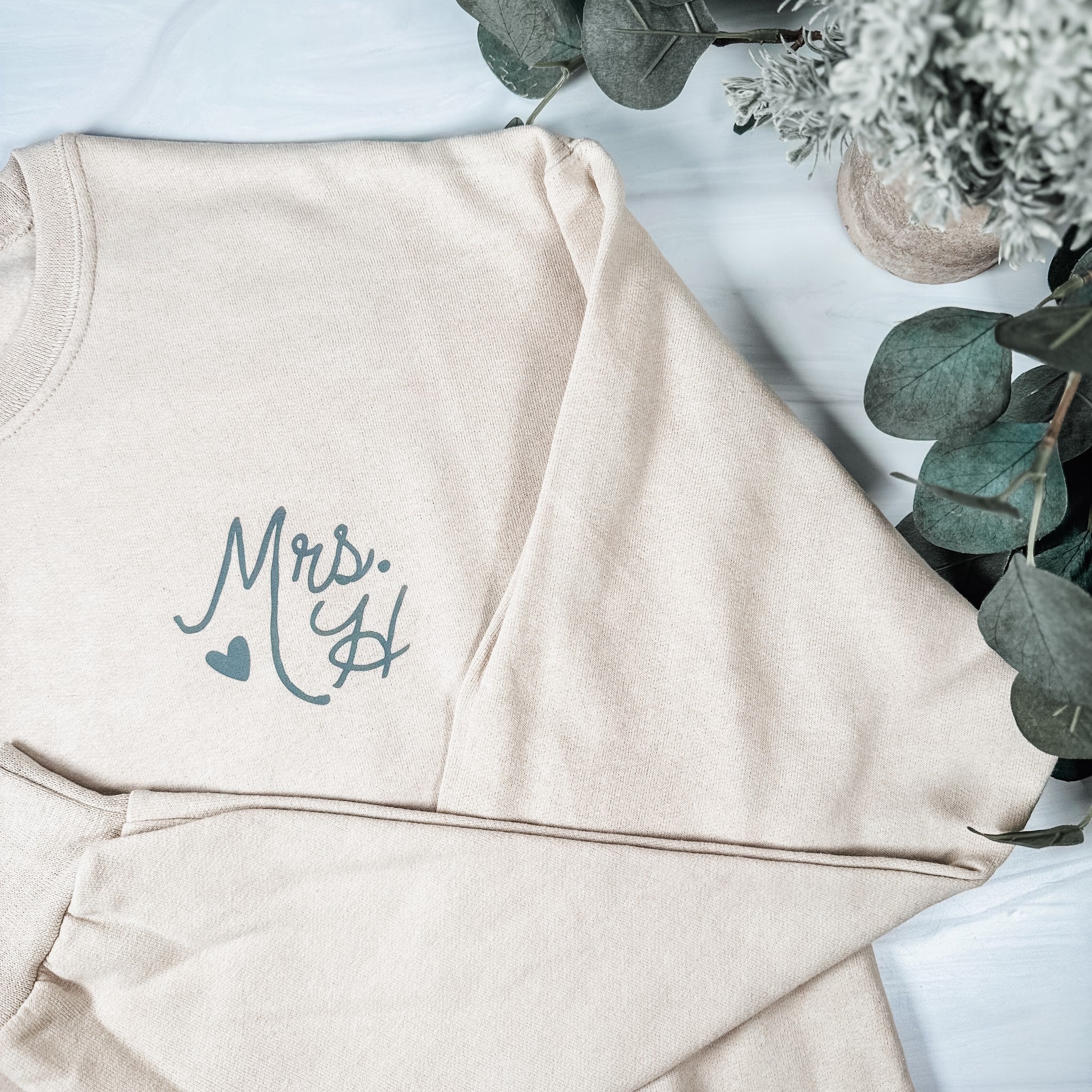 Personalized Mrs. last initial sweatshirt in sandstone