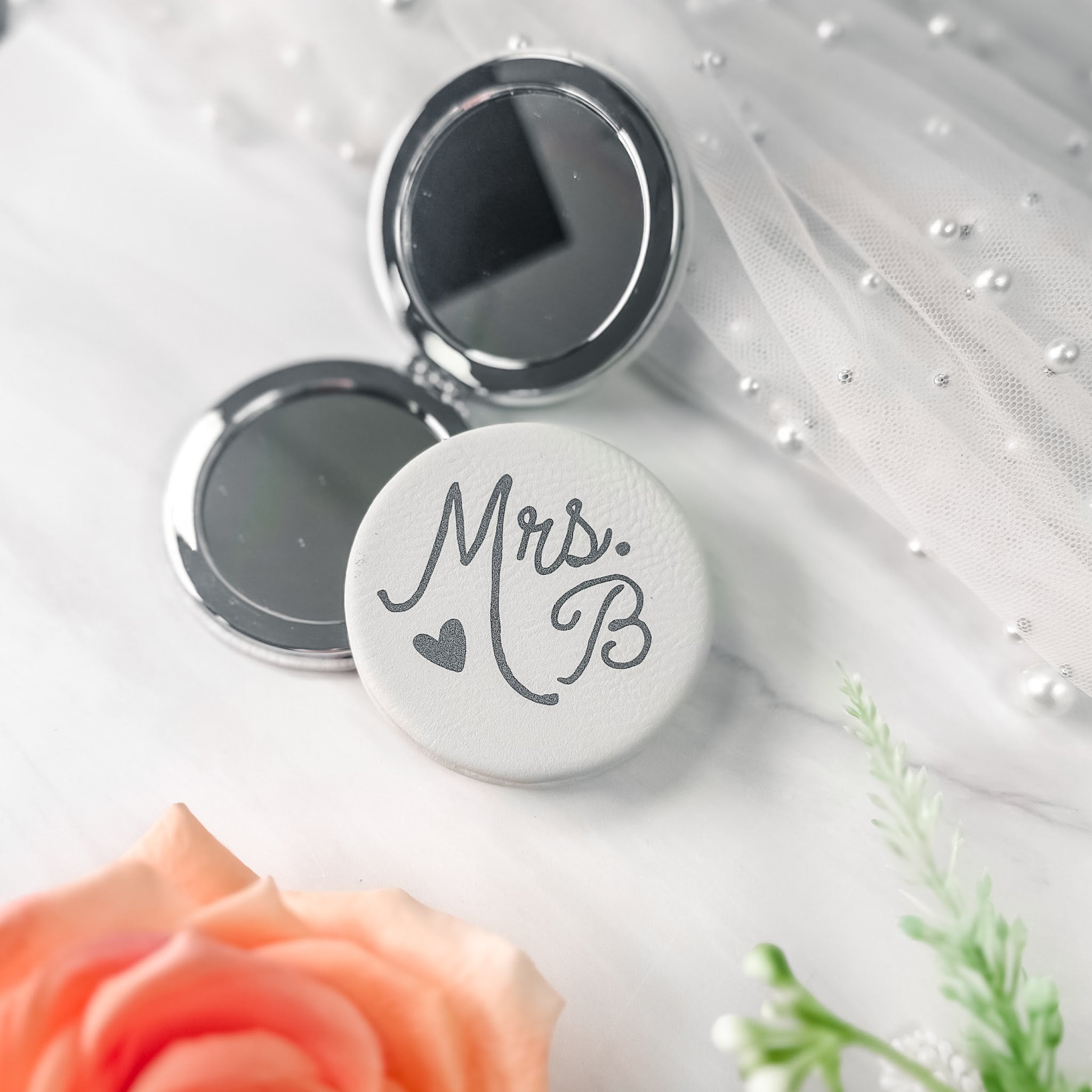Leatherette purse mirror personalized with Mrs. and initial for the bride