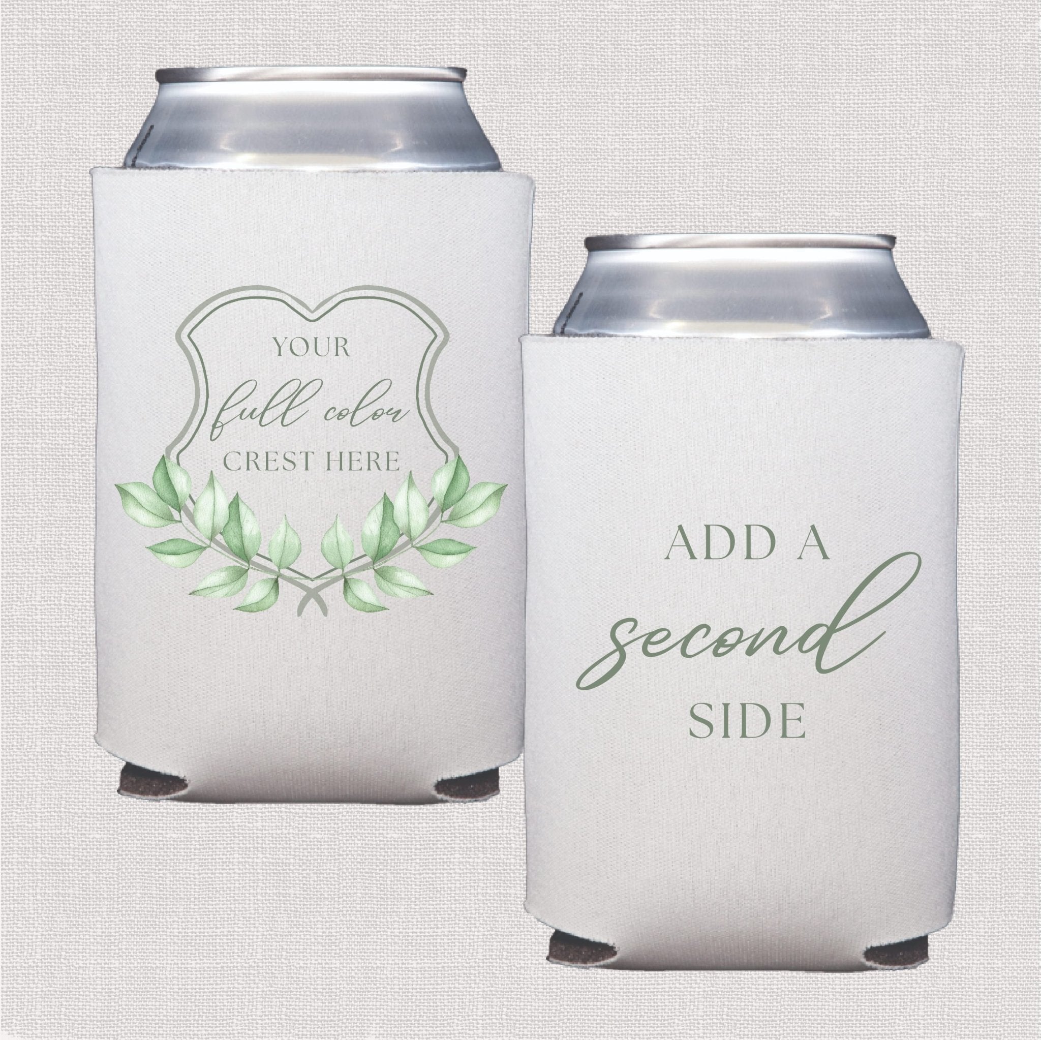 White neoprene can coolers with personalized wedding crest design and greenery wreath on front, text options on back side.
