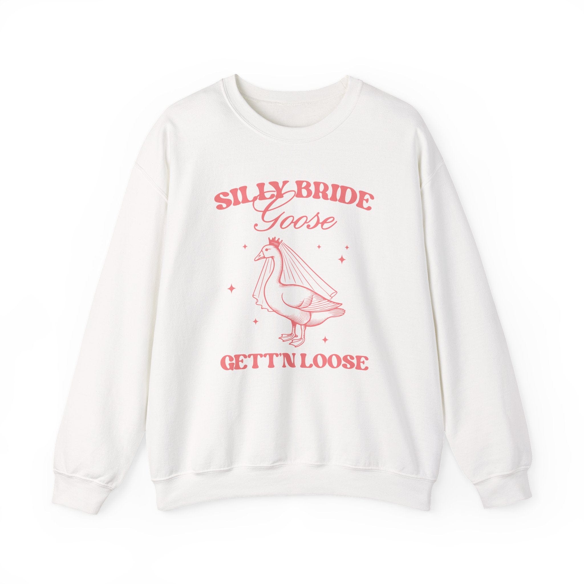 Cream sweatshirt with pink "Silly Bride Goose Gettin Loose" text and goose graphic design
