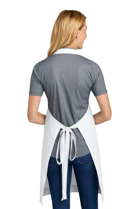 Woman wearing gray and white apron with tie-back closure, shown from behind