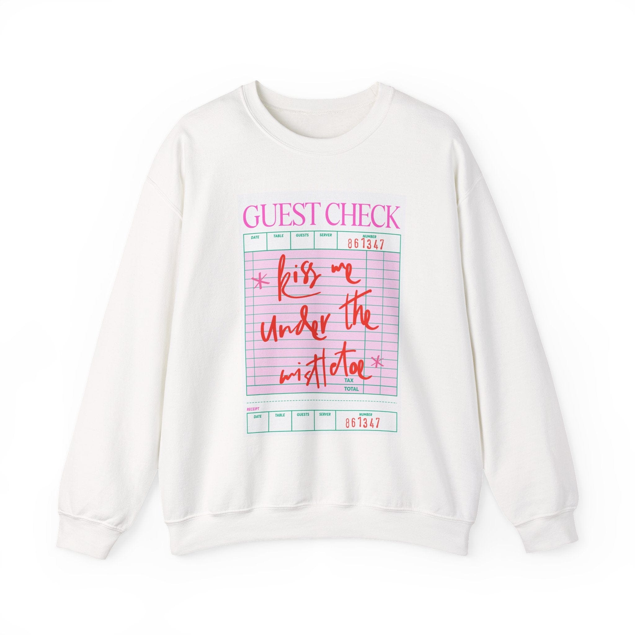 Cream sweatshirt with pink and blue graphic design featuring "Guest Check" receipt-style layout and "kiss me under the mistletoe" text.