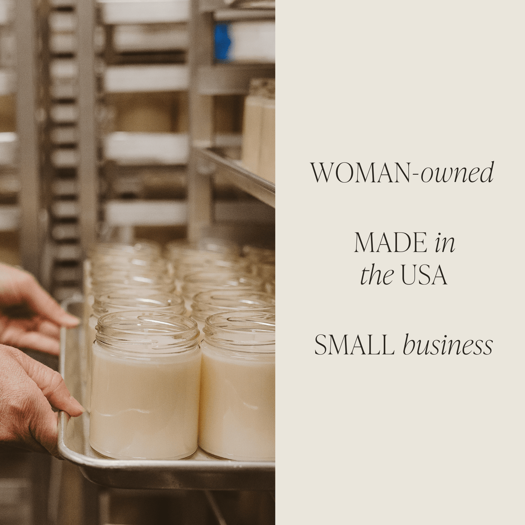 Hand holding clear glass jar candle with cream-colored soy wax, displayed with text highlighting woman-owned small business made in USA