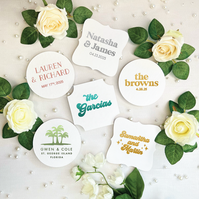 Block Fonts Personalized Wedding Coasters