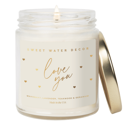 Love You Soy Candle Patterned - Clear Jar - 9 oz (Driftwood and Mahogany)