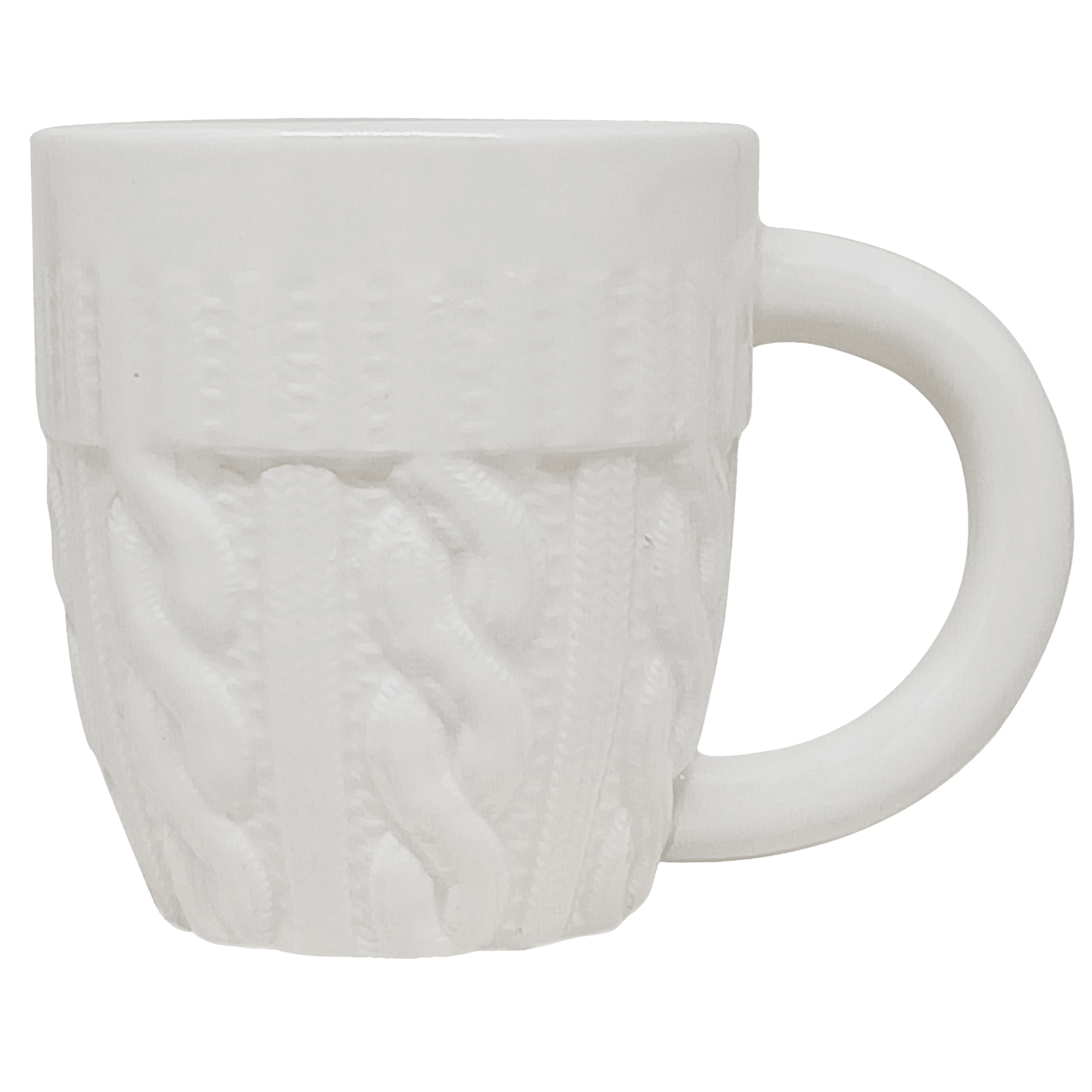 White ceramic mug with textured knit sweater pattern design and large handle