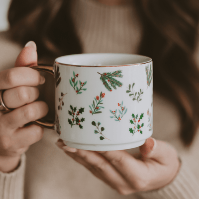 Holiday Greenery 14oz. Gold Handle Coffee Mug