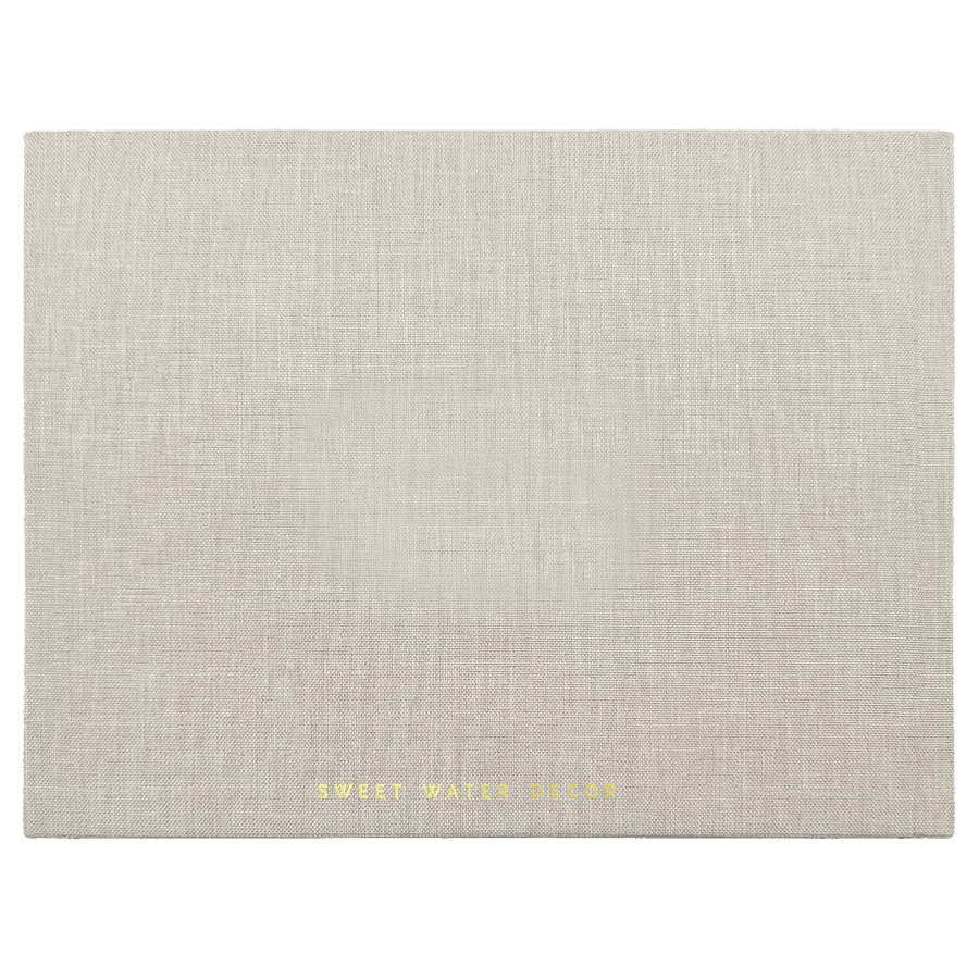 Tan linen guestbook with gold foil text reading "sweet notes to us"