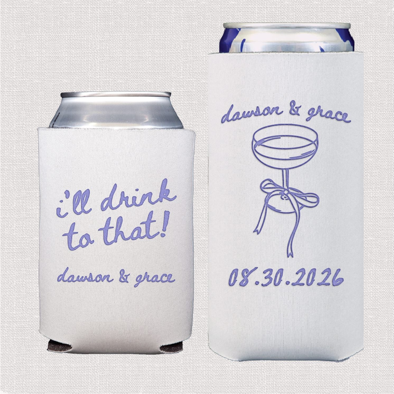 Cheers to Love personalized can cooler bundle showing standard and slim styles side by side with couples names and wedding date