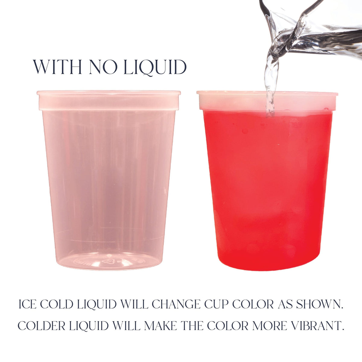 Color changing stadium cup changing from pastel to vibrant red as ice cold water is poured in