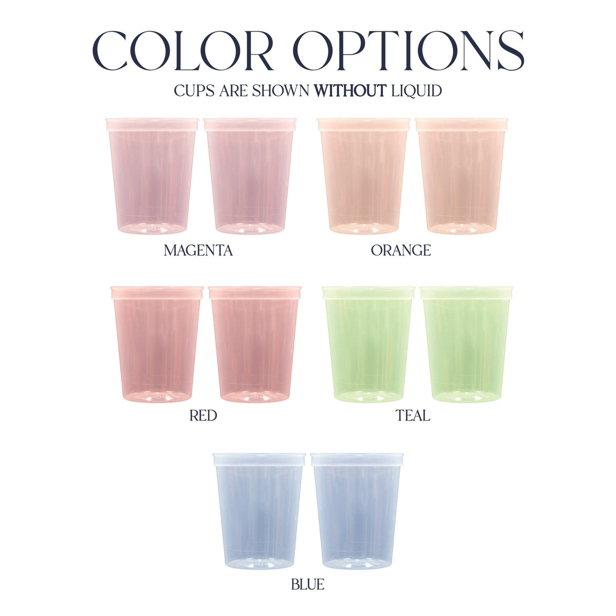 Color changing stadium cups shown without liquid in pastel magenta, orange, red, teal and blue