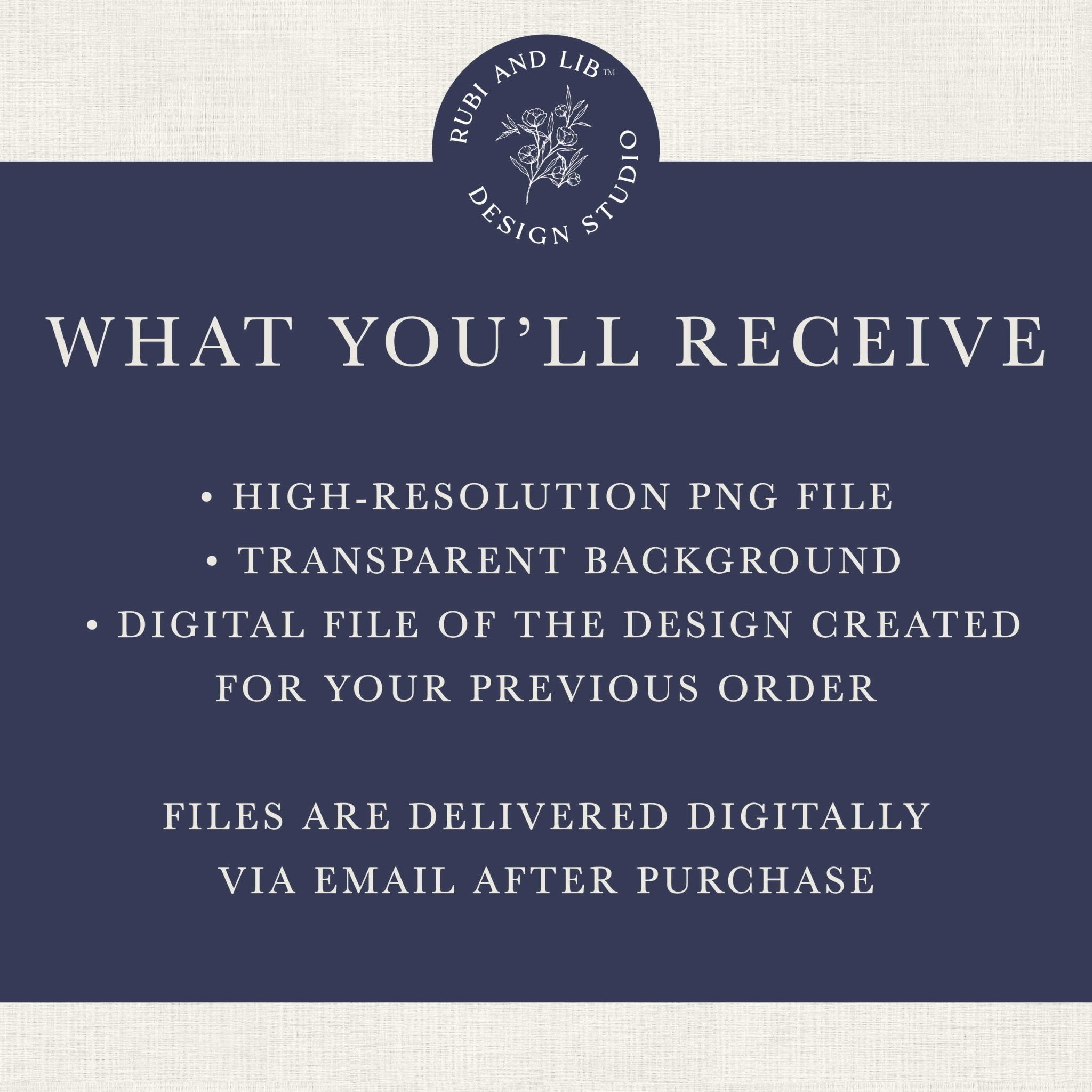 Navy blue information card listing digital file deliverables including PNG file, transparent background, and design file details for custom artwork order.