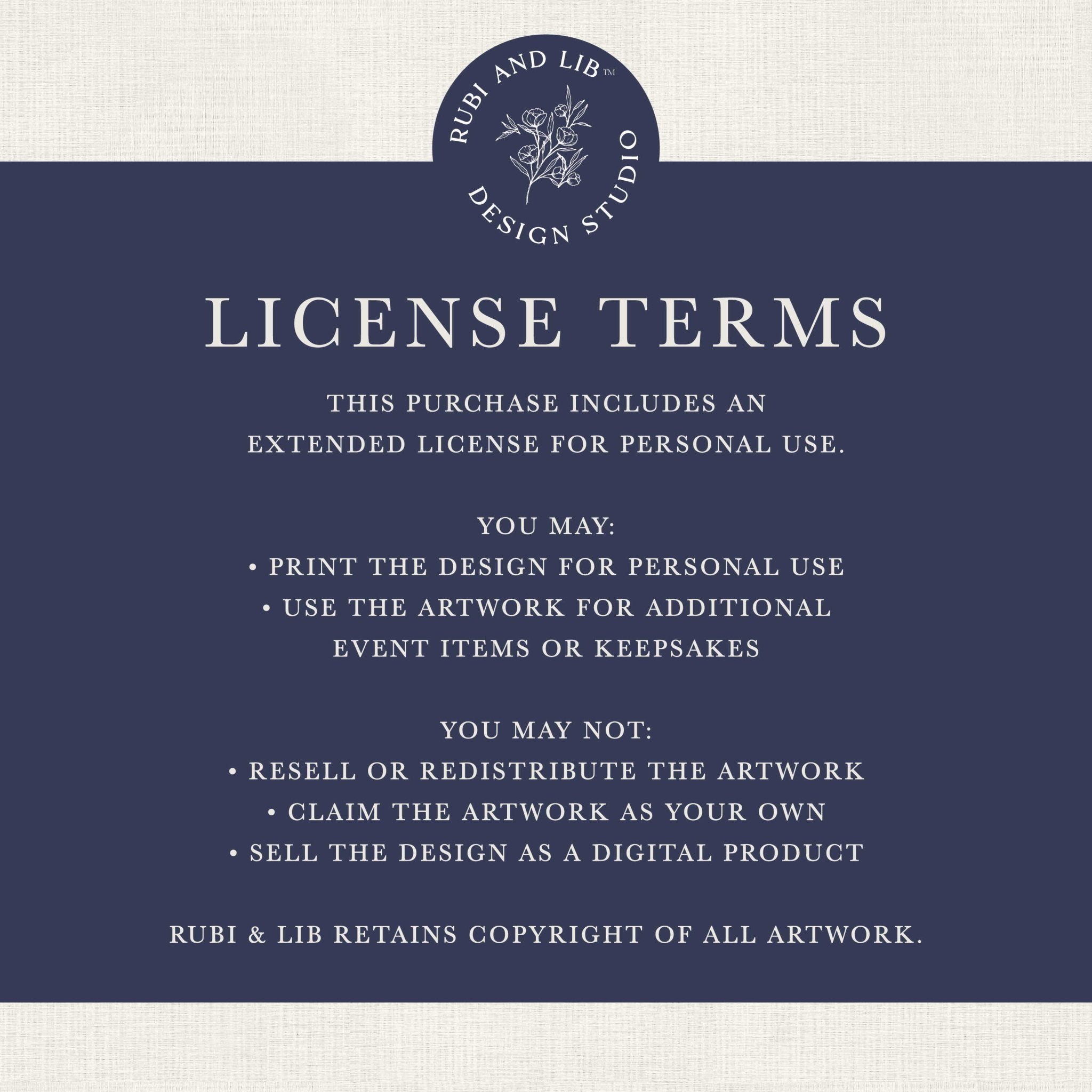 Navy blue license terms document with Rubi & Lib logo, outlining personal use rights and restrictions for custom design artwork purchases.
