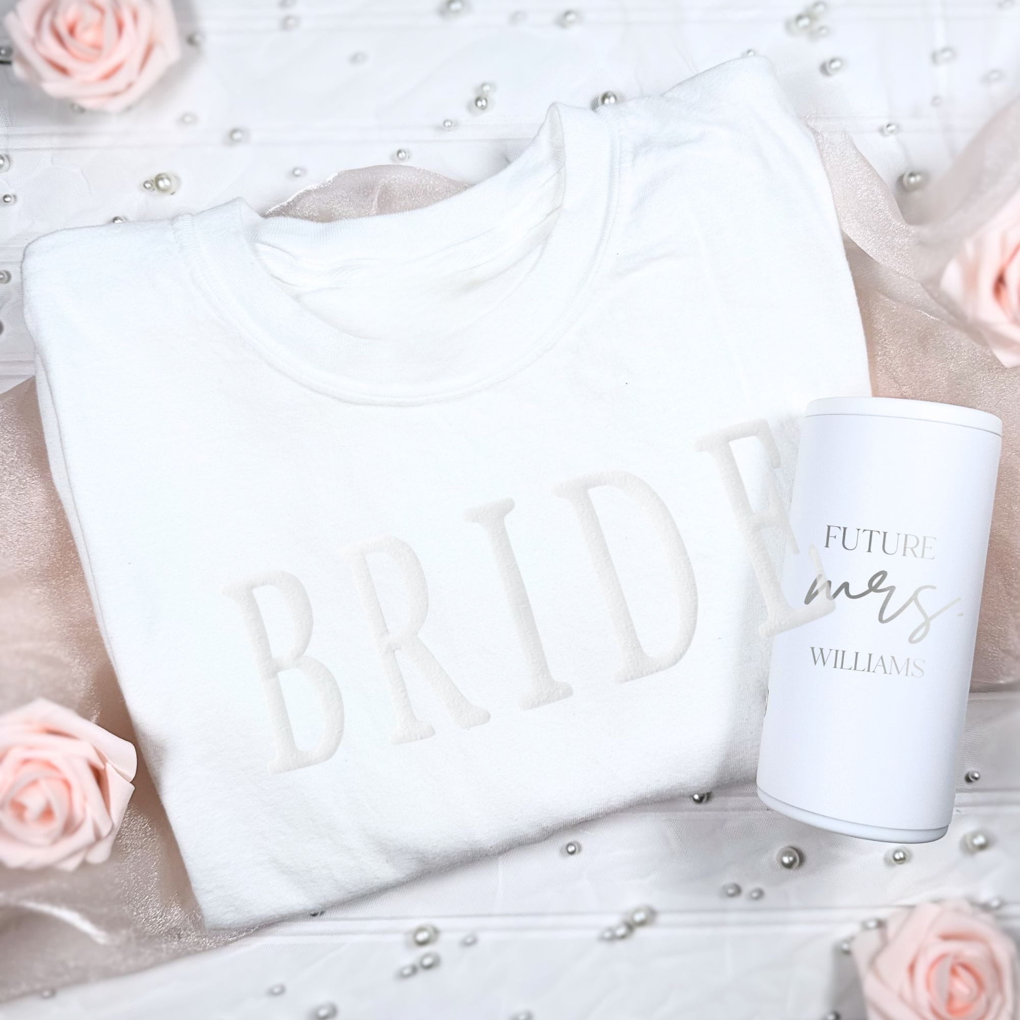 White bride gift set with puff print tee and personalized future Mrs can cooler
