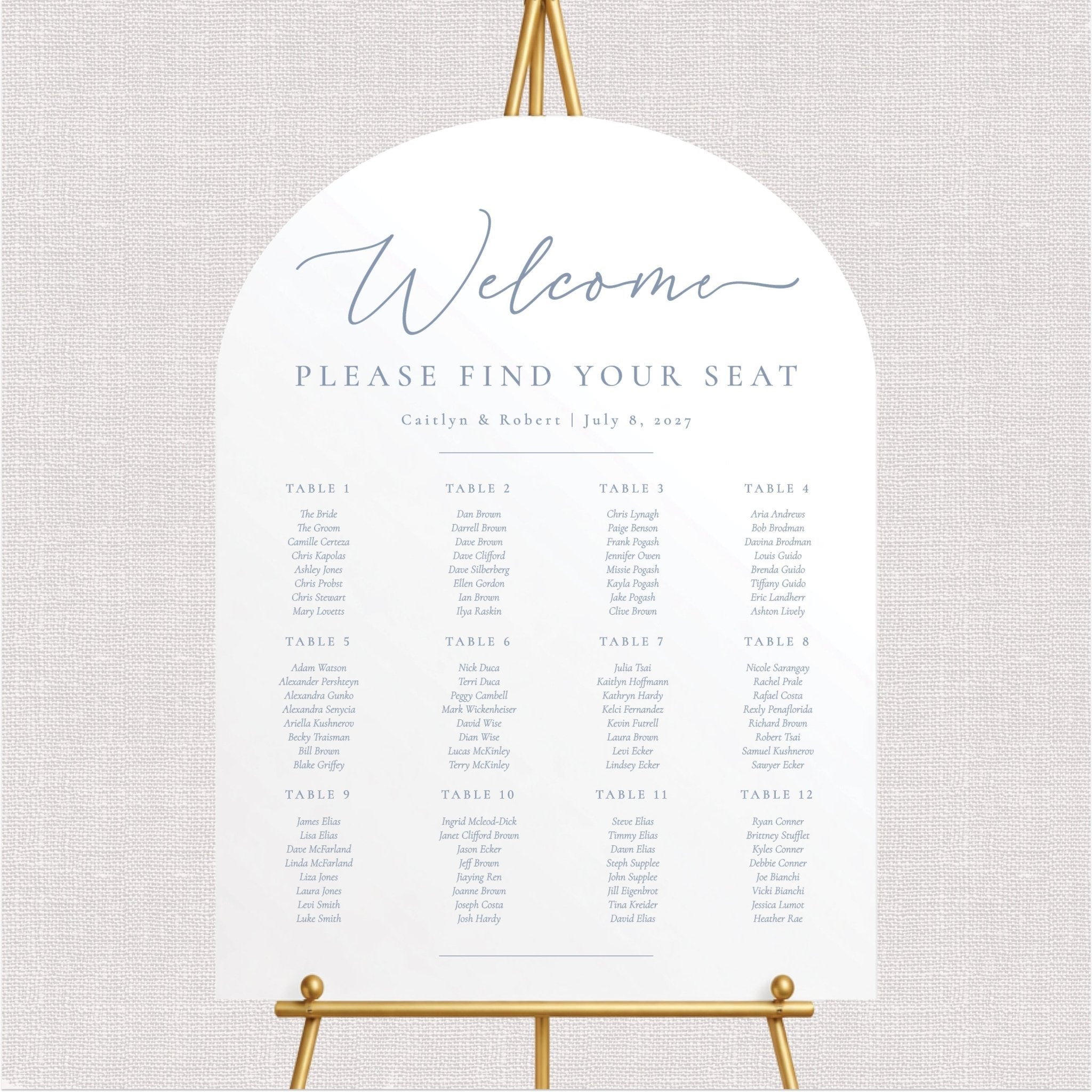 Personalized acrylic seating chart for wedding reception entrance