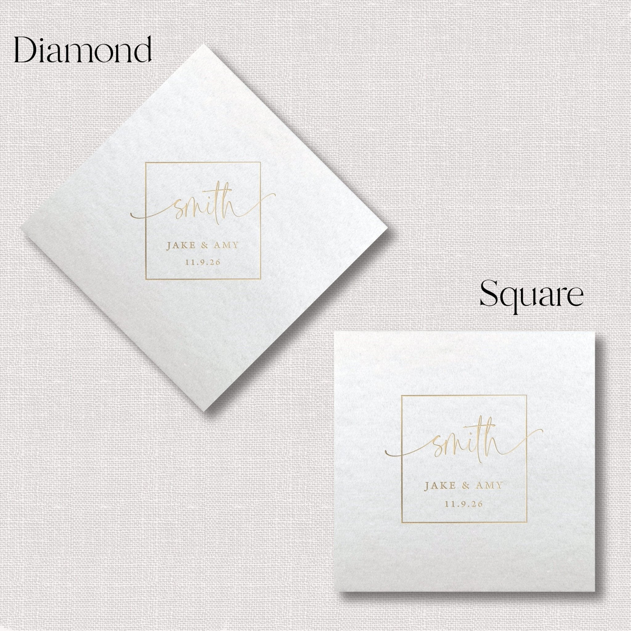 White linen napkins in diamond and square shapes with gold foil "Smith" monogram and couple names personalization.