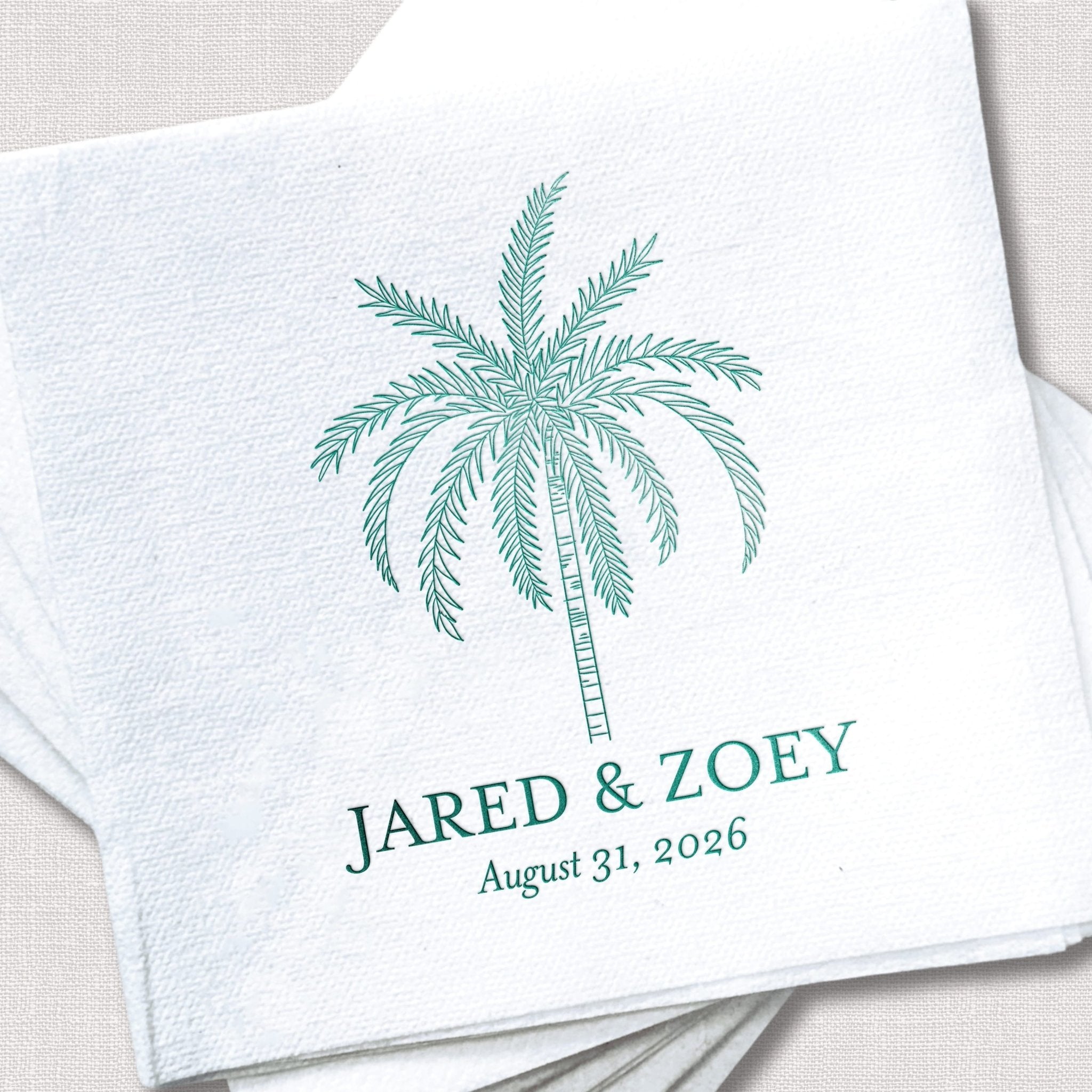 White napkin with teal palm tree design and personalized names Jared & Zoey with wedding date August 31, 2026