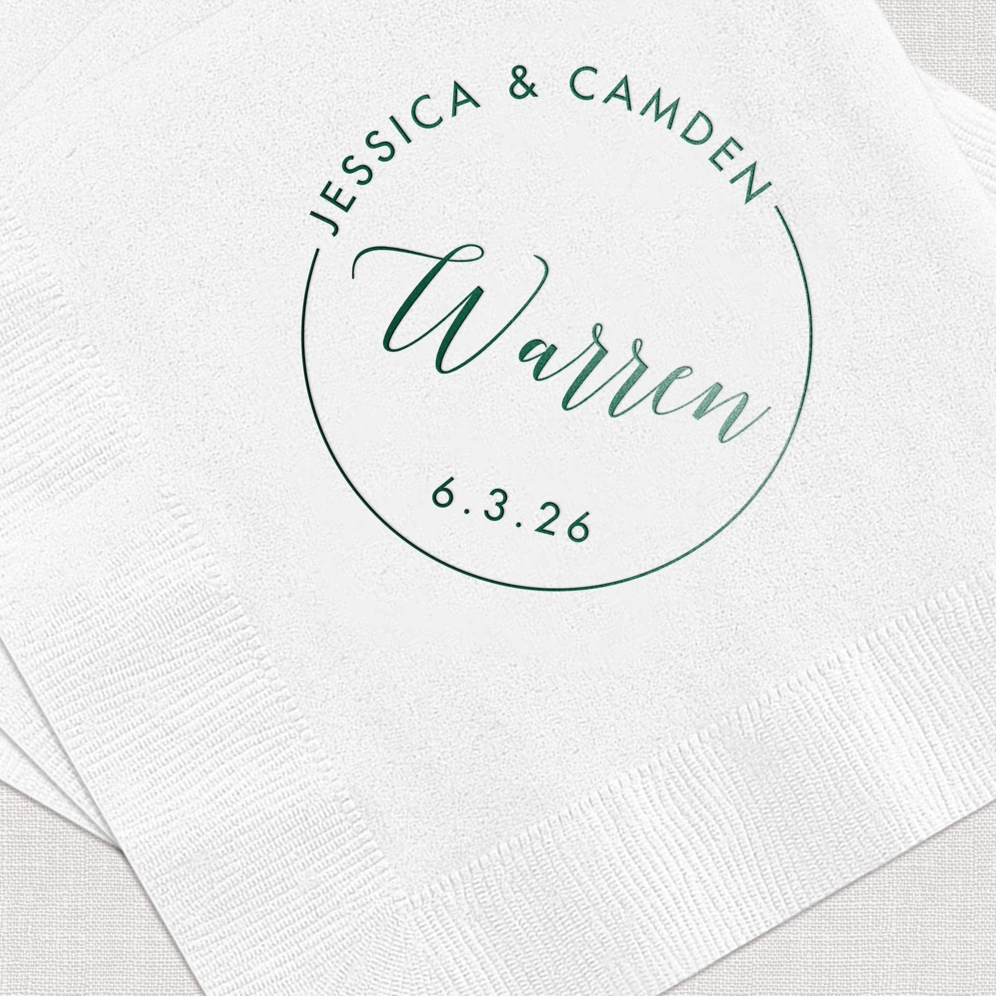 White napkins with personalized circular design featuring names Jessica and Camden, last name Warren, and date 6.3.26 in teal foil stamped text.