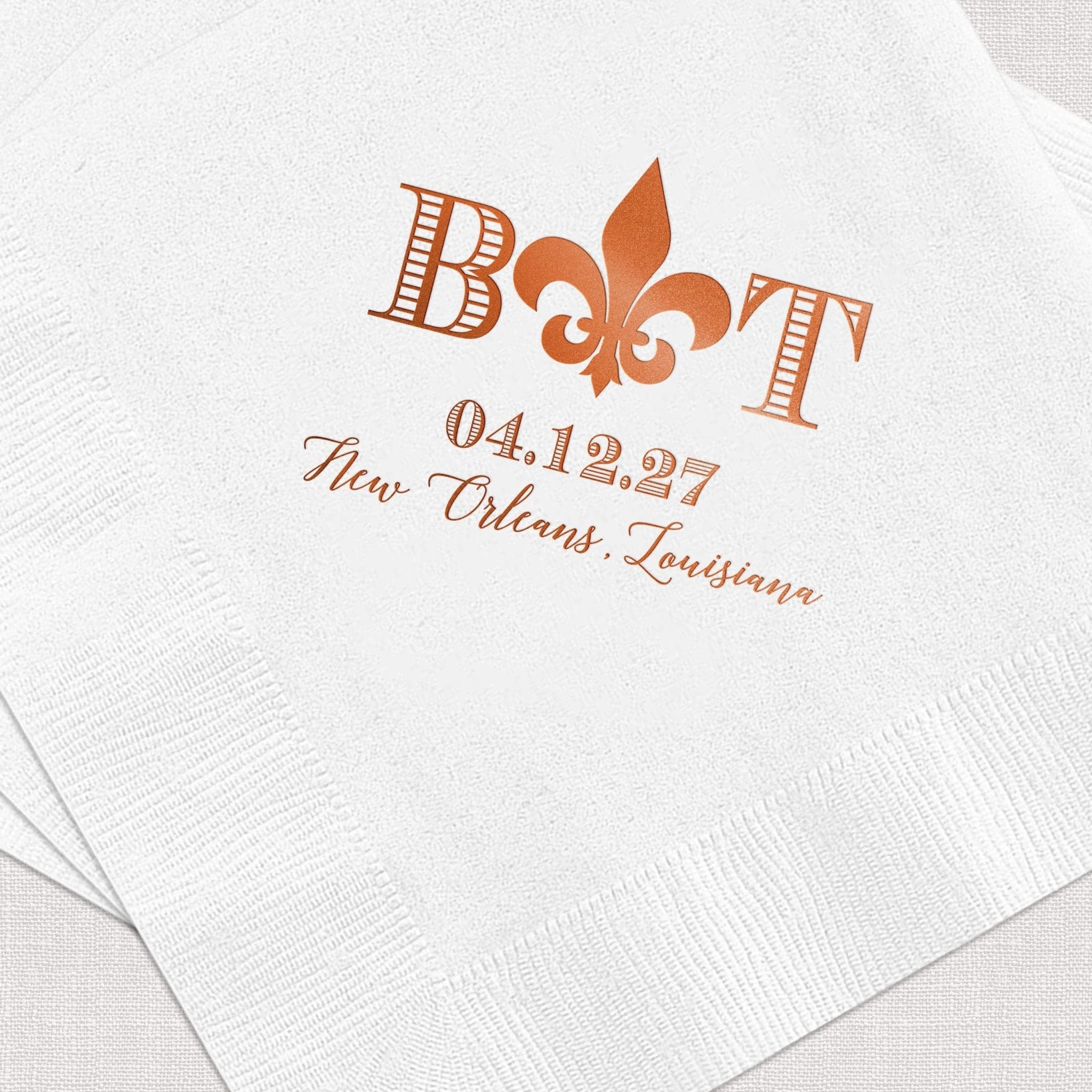 White napkins with copper foil-stamped fleur de lis and "BEST" text, personalized with date and New Orleans, Louisiana location.