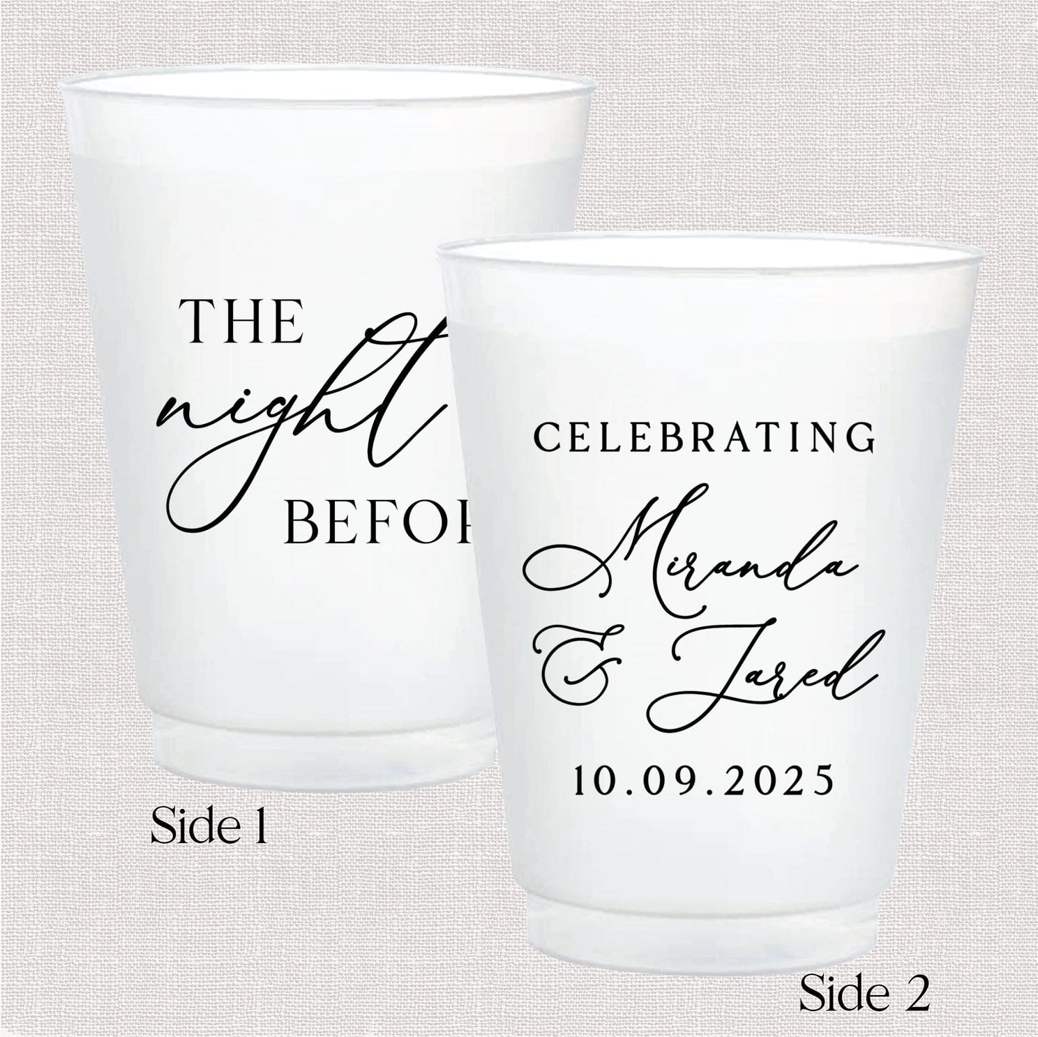 Two-sided frosted cup set with "The Night Before" and "Celebrating" wedding designs in black script text with date 10.09.2025