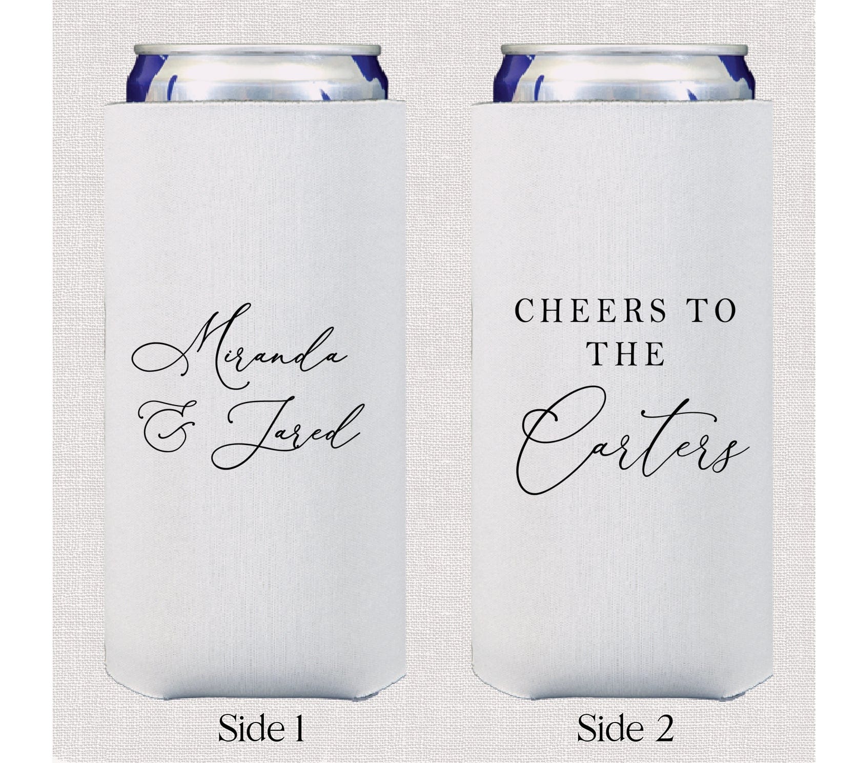 White slim can coolers with navy blue tops showing personalized wedding text "Manada & Jared" on side one and "Cheers to the Garlias" on side two.
