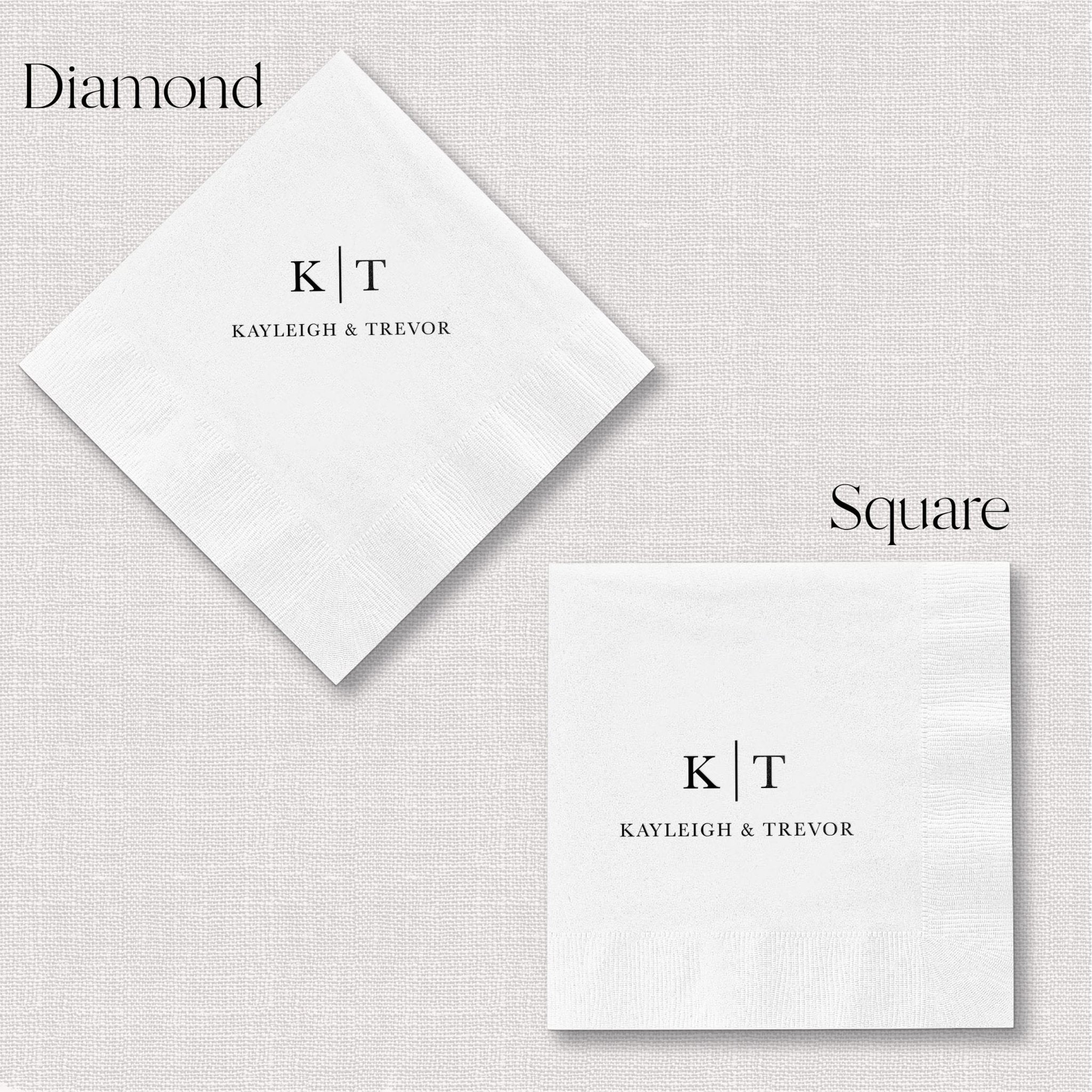 White foil-stamped napkins in diamond and square shapes personalized with initials K T and names Kayleigh and Trevor