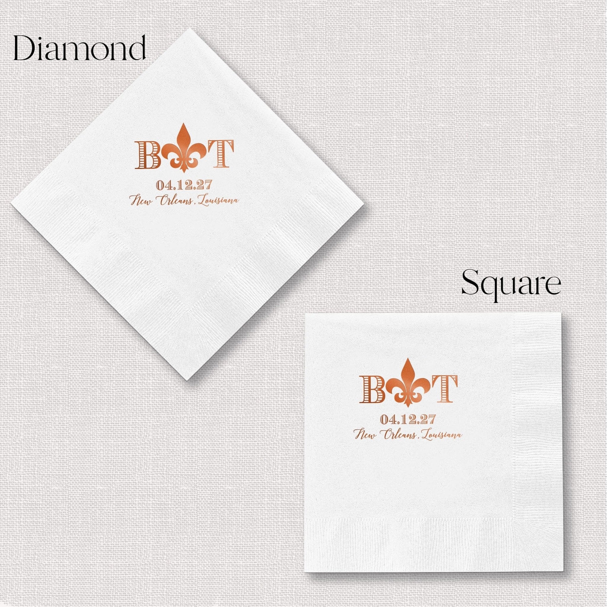 White napkins with copper fleur de lis design, date, and personalized names in diamond and square shapes