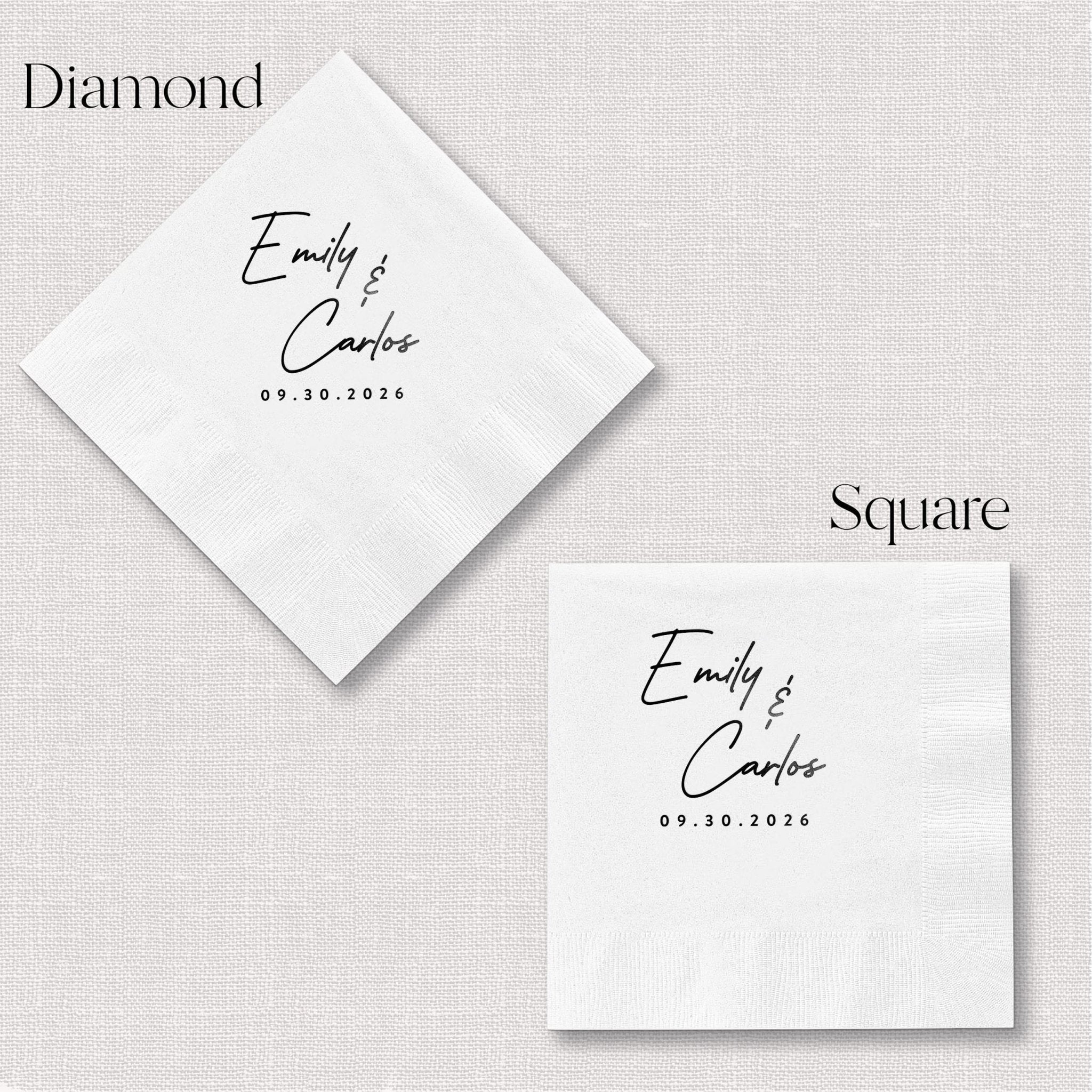 White napkins in diamond and square shapes with "Emily & Charles" handwritten script and date 09.30.2024